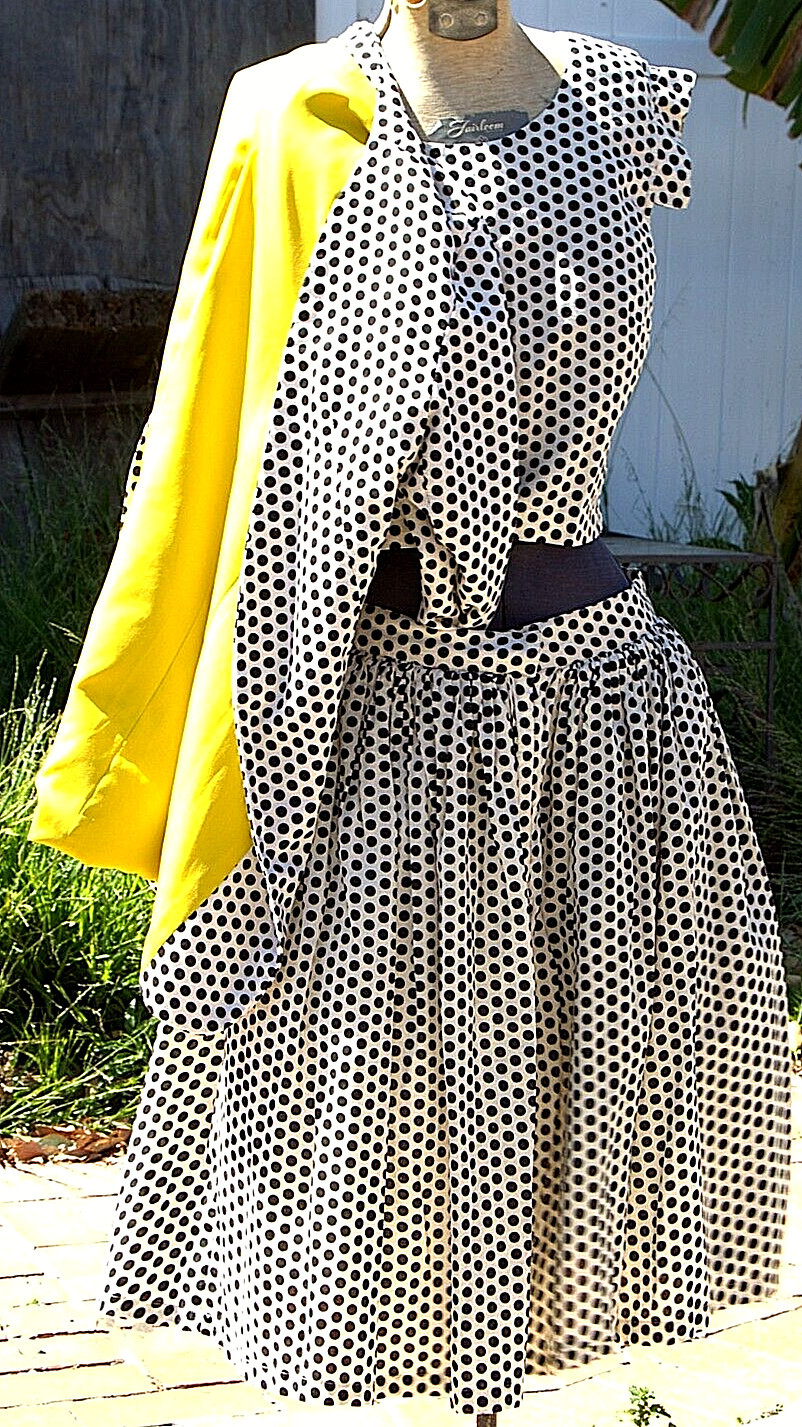 Vintage MSK 3 Piece Skirt Dress Suit White Black Polka Dot Pockets Yellow 28″