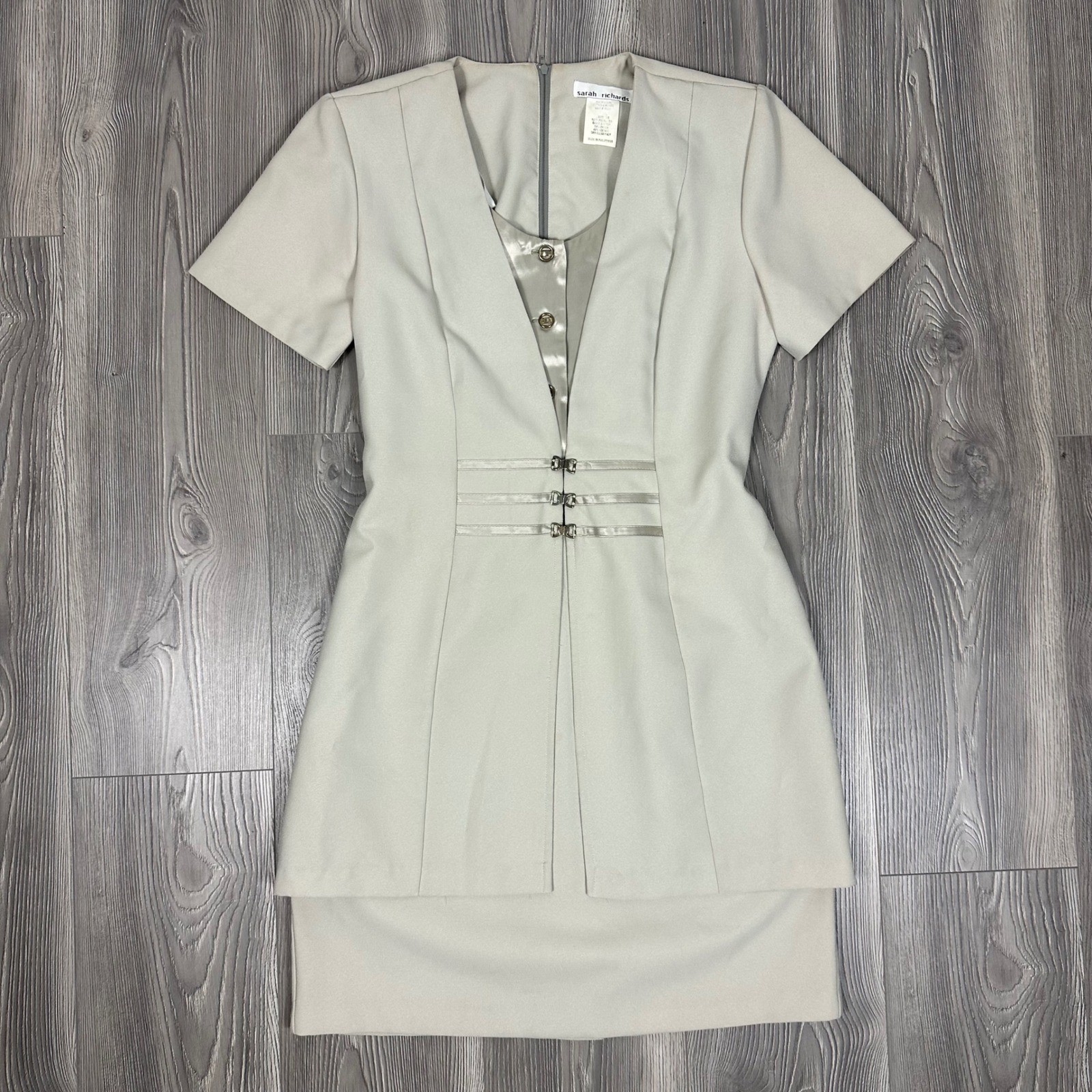 Vintage Sarah Richards Sage Green Midi Dress Decorative Front Claps – SIZE 7/8