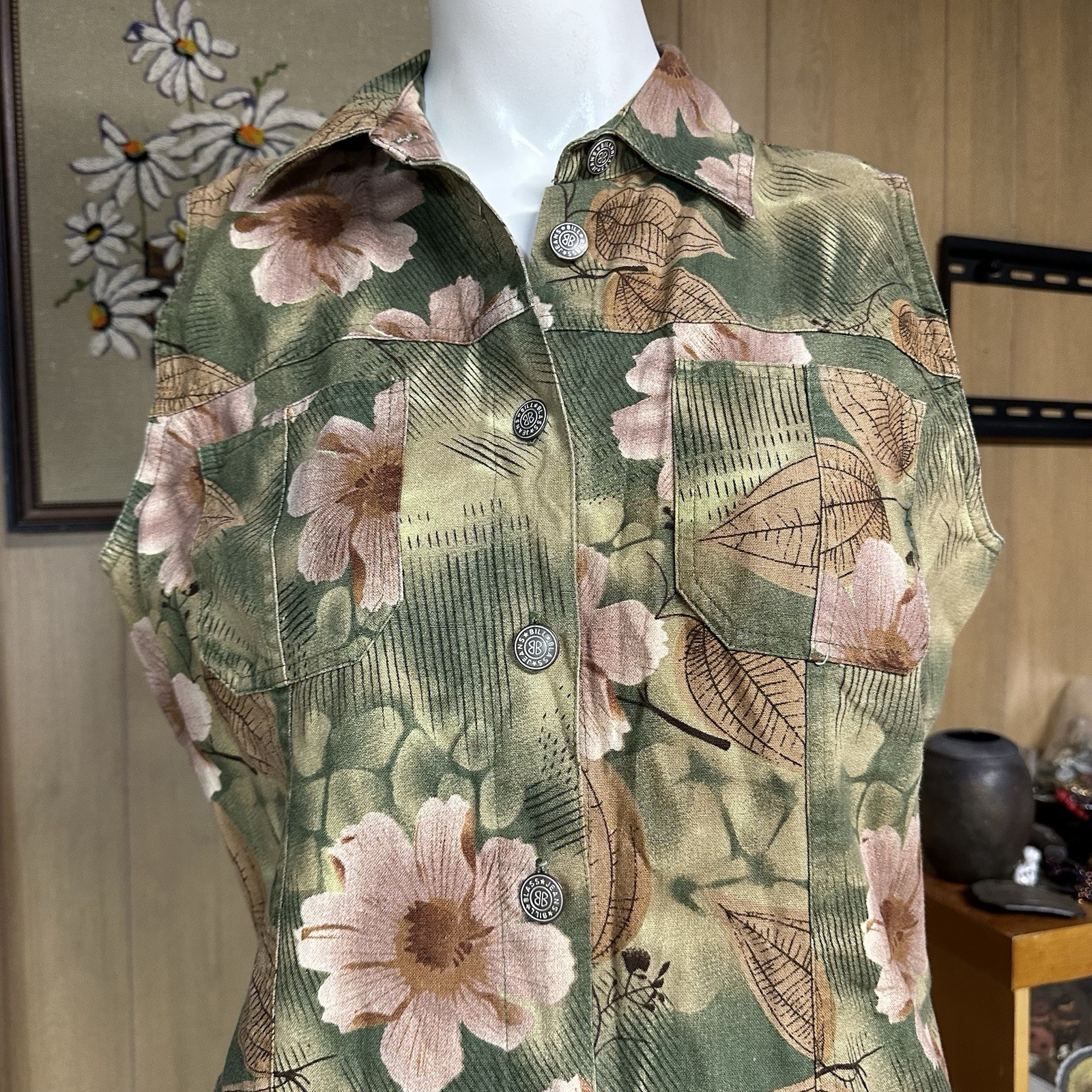Vintage 90s Bill Blass Dress M/L Flower Midi Maxi Button Front Linen