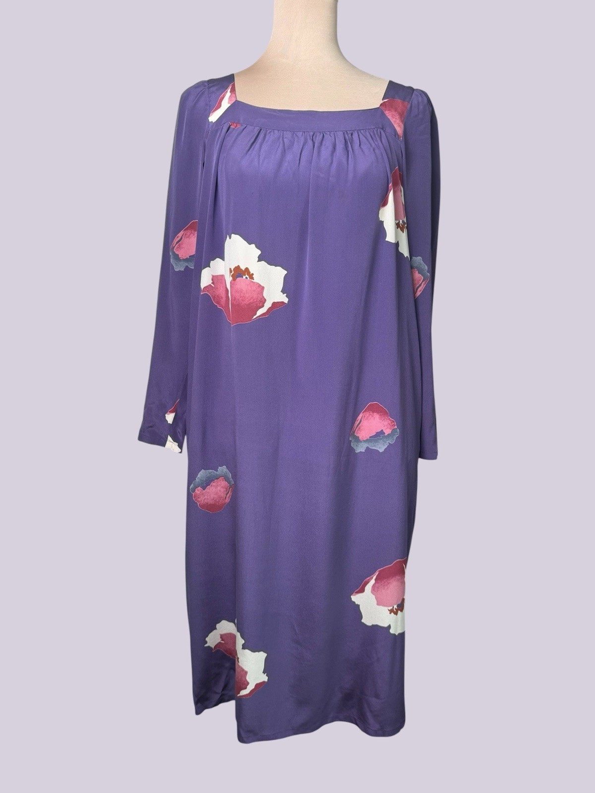 Nora Noh VIntage Silk Hawaiian Mumu Hostess Gown Purple Floral Resortwear Boho