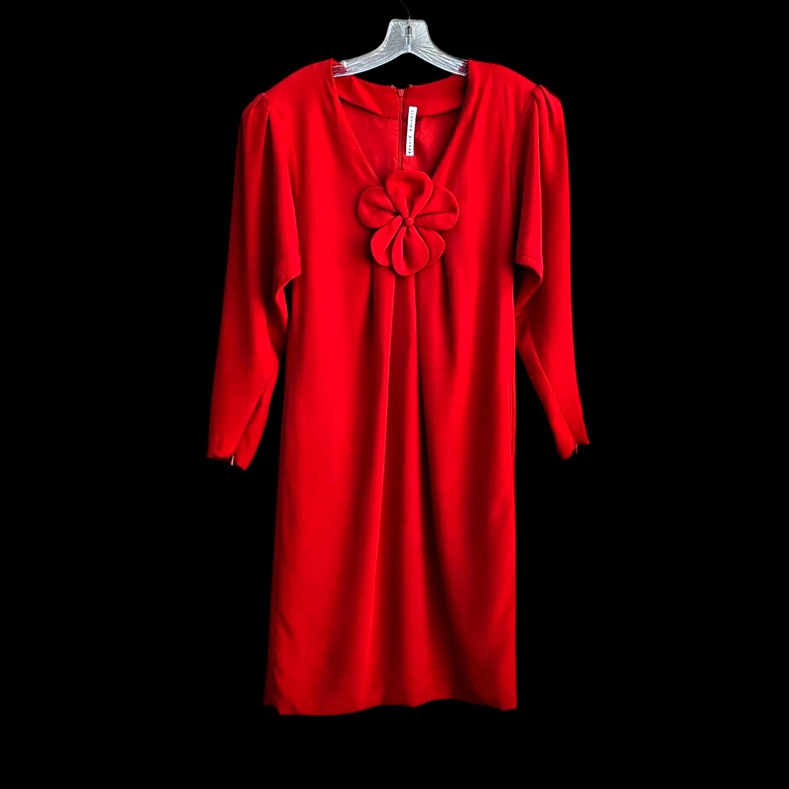 Vintage Stanley Platos Red Couture Silk Dress Pockets Flower Detail Size 10