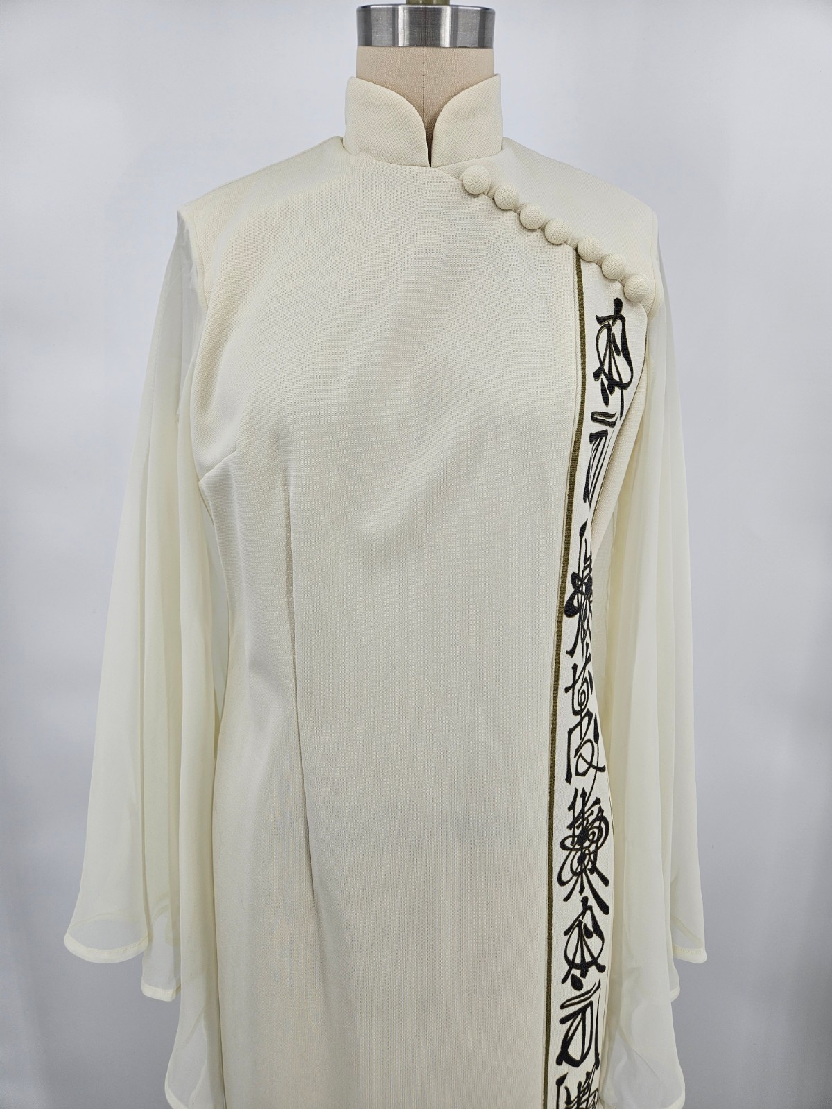 VTG Alfred Shaheen Maxi Dress Womens 10 Asian Inspired Sheer Bell Sleeves Slit