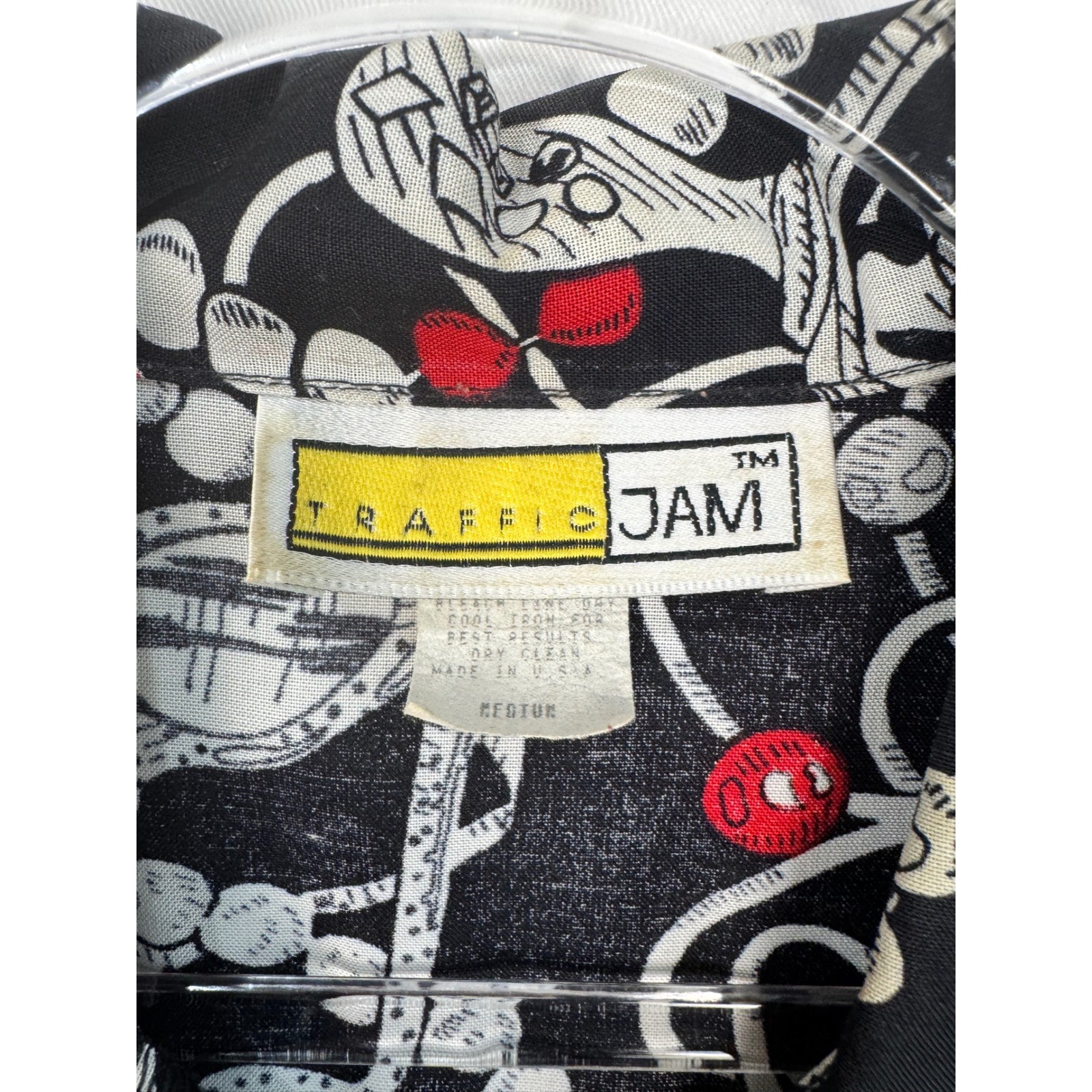 Vtg Traffic Jam Womens 90s Rayon Novelty Jewelry Print Blouse Red Black M