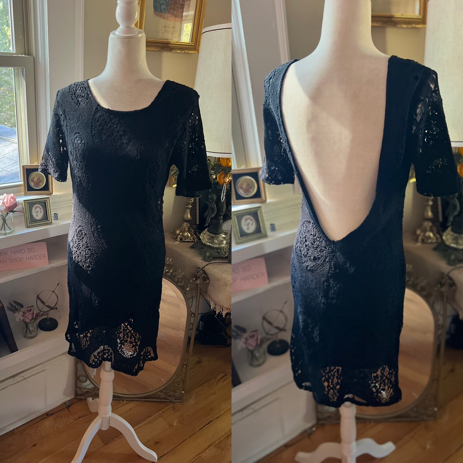 90s Y2K Dress Size M Vintage Sexy Black Lace Low Back Gown romantic goth