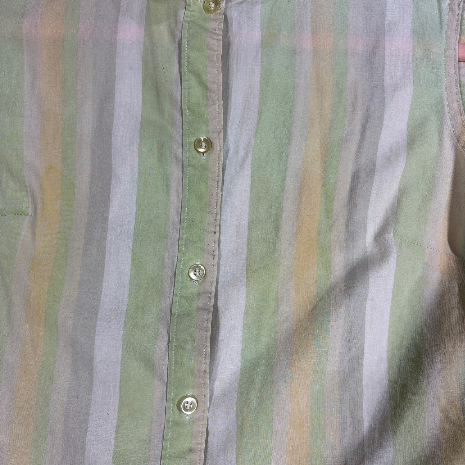Vintage 50s 60s Striped Button Down Top Pastel Green Yellow Broadcloth USA