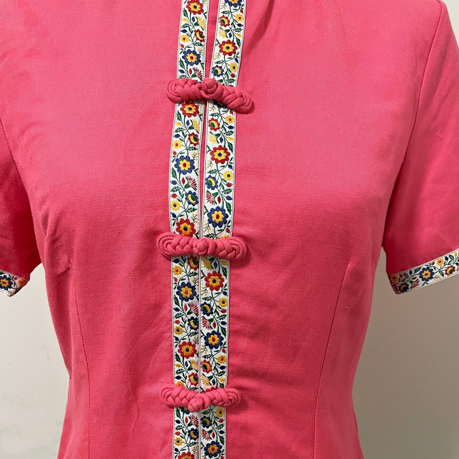 Vintage 90s Chinese Blouse Pink Floral Trim Frog Buttons Size Small