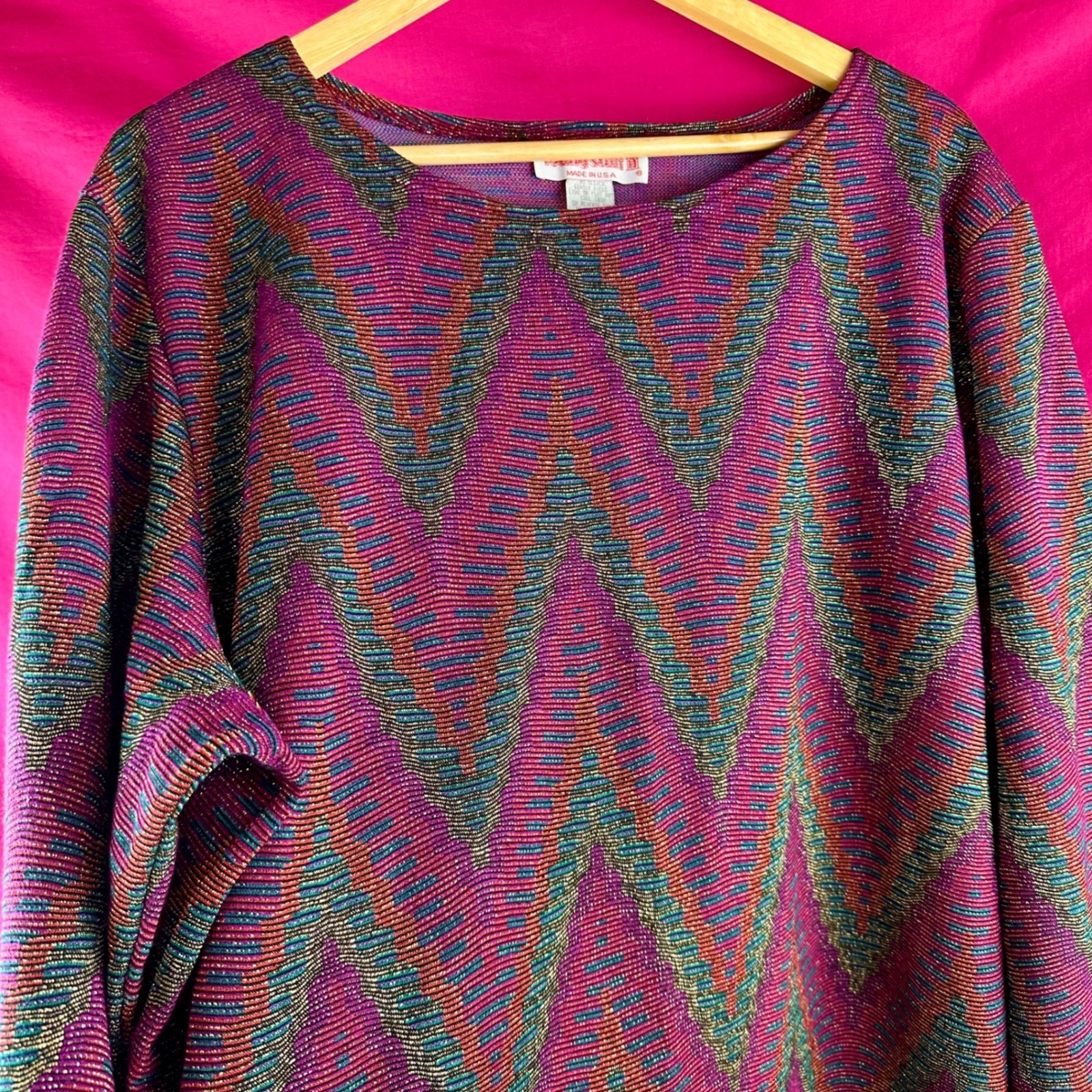 Metallic Vintage 80s 90s Chevron Knit Tunic Top Pink Sparkle 3X Holiday Glam