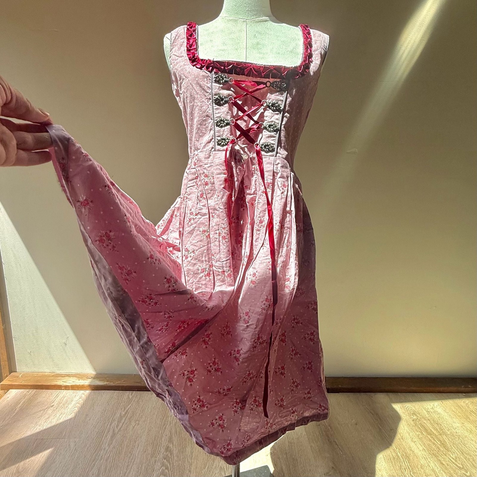 Vintage Pink Floral Polka Dot Traditional Dirndl Dress