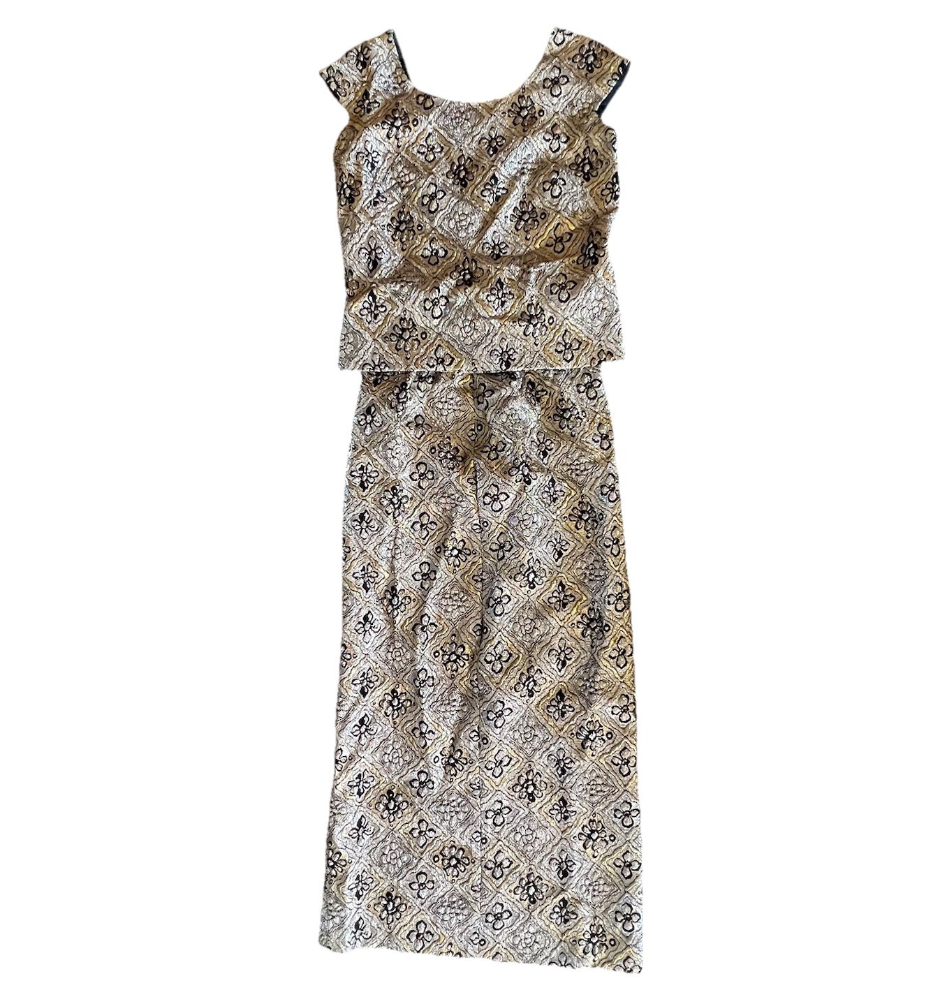 1960’s Vintage Gold Brocade 2pc Dress Skirt Top Sleeveless Geometric Size Small
