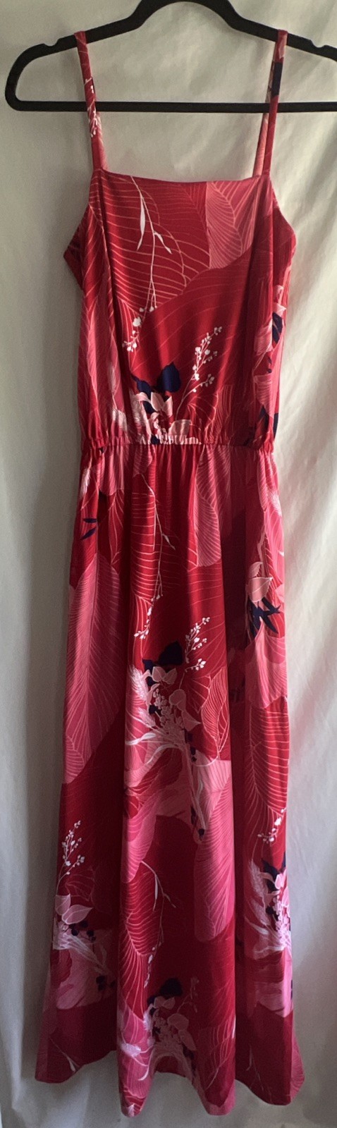 1970s Handmade Hawaiian Style Maxi Dress Red Floral Square Neck Spaghetti Straps