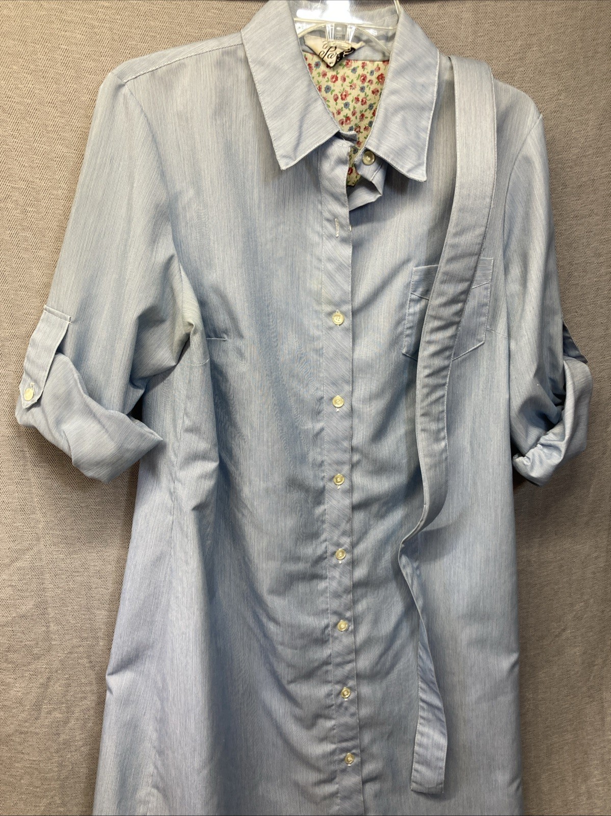 Vintage 80s Parade Dress Size 14 Blue Chambray Belted Striped Midi Cottagecore