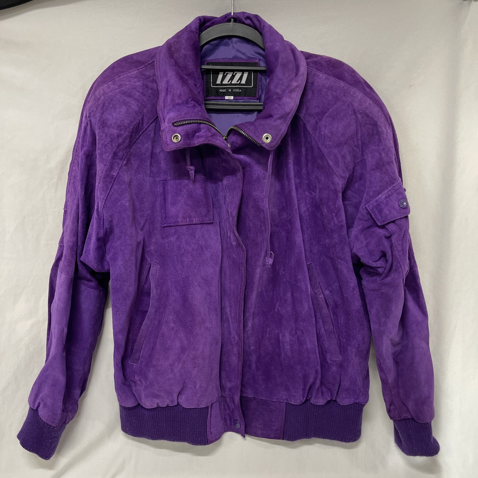 Vintage Izzi Womens Purple Suede Leather Bomber Jacket Coat Shoulder Pads Medium