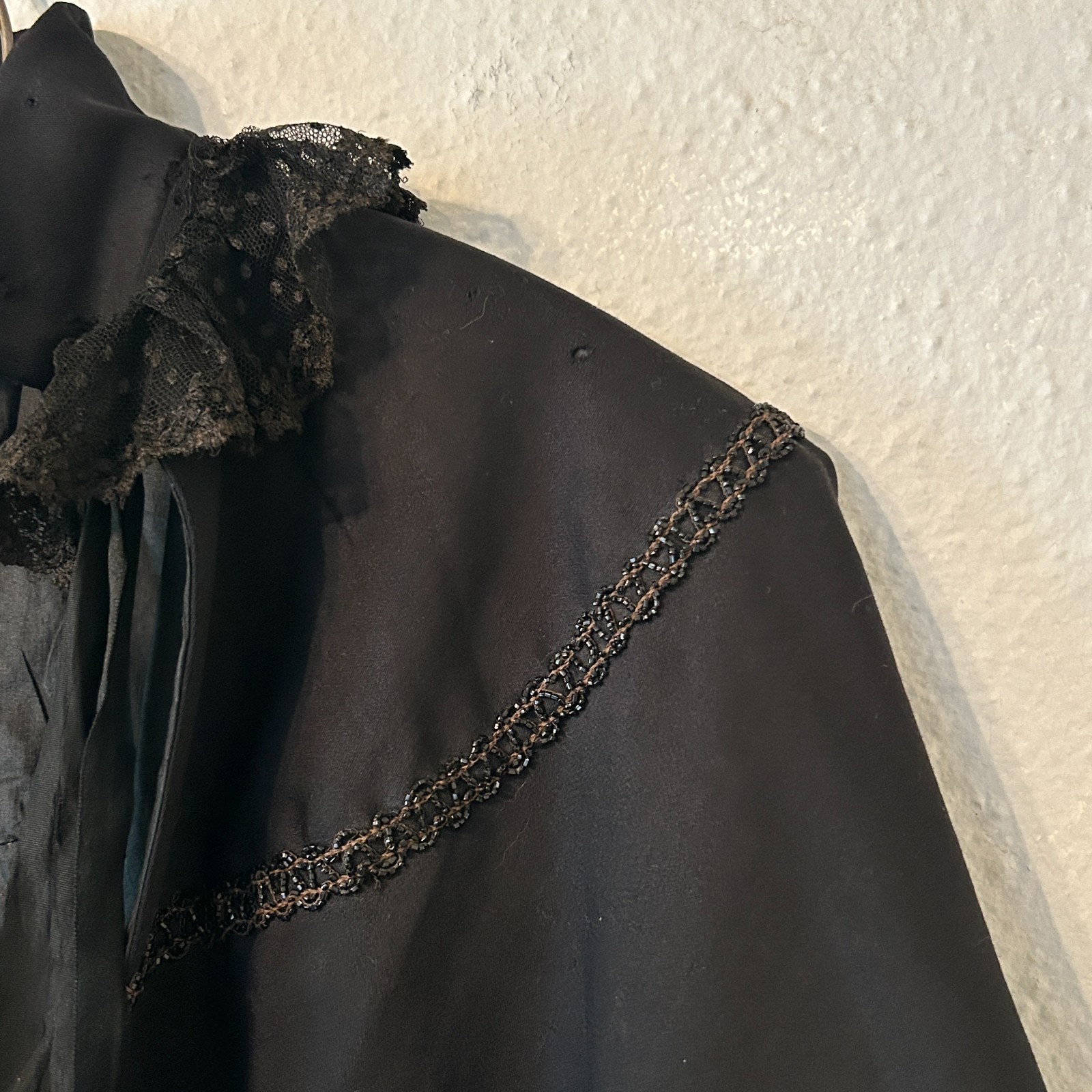 Antique Victorian Black Wool Beaded Evening Cape Capelet Cloak Mourning 1800s