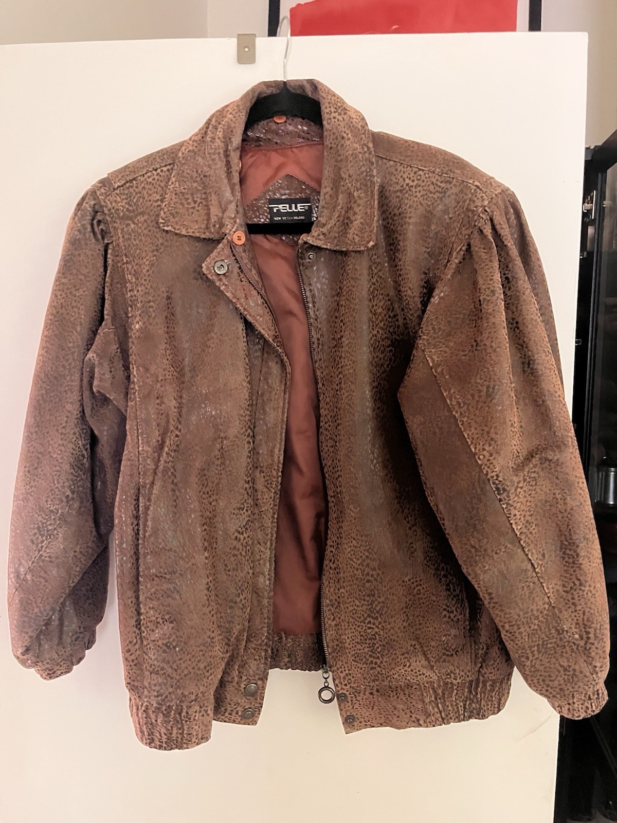 Pelle Genuine Leather Brown Jacket Dyed Animal Print Trim Size M