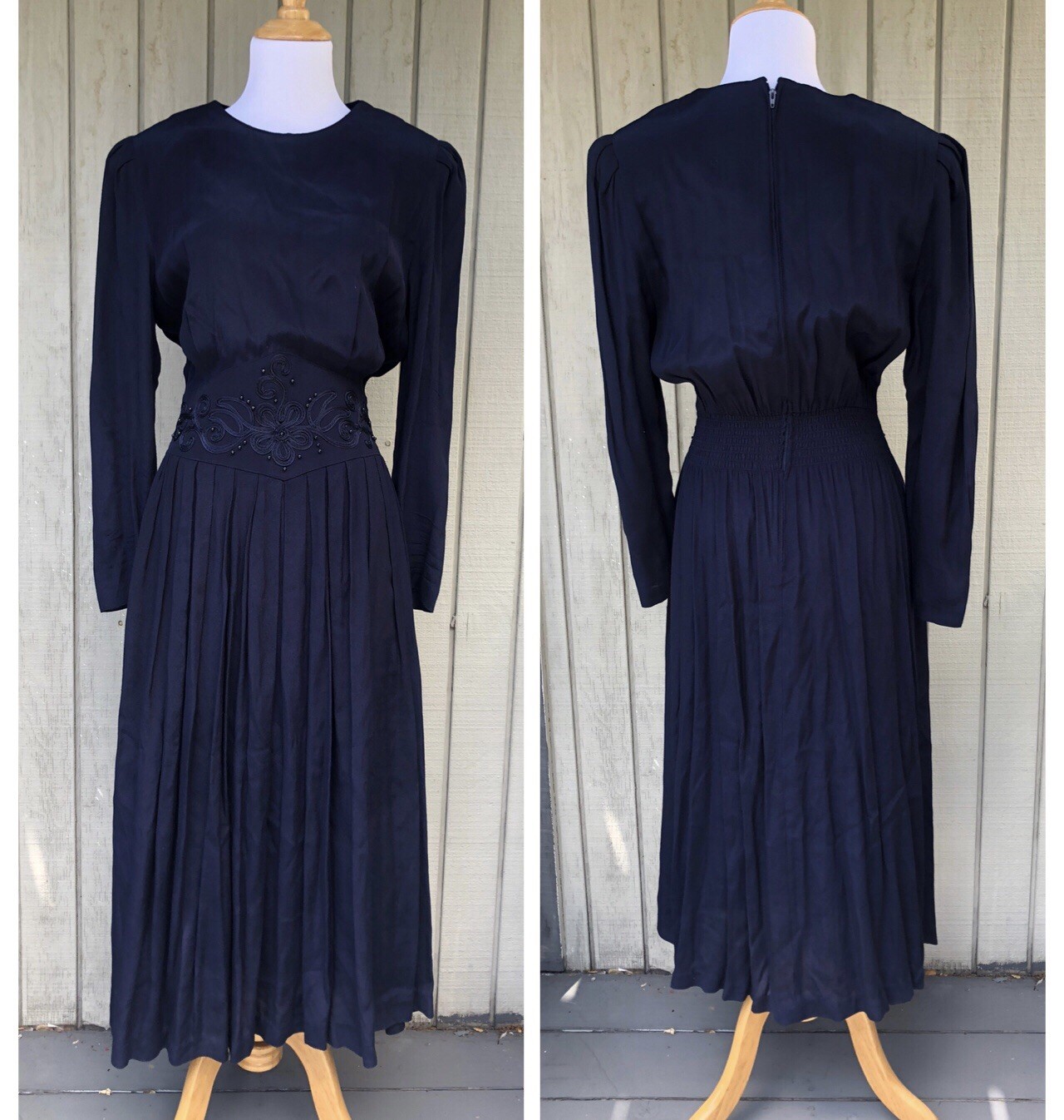 Vintage 70s Karin Stevens Beaded Embroidered Whimsical Navy Blue Maxi Dress 6