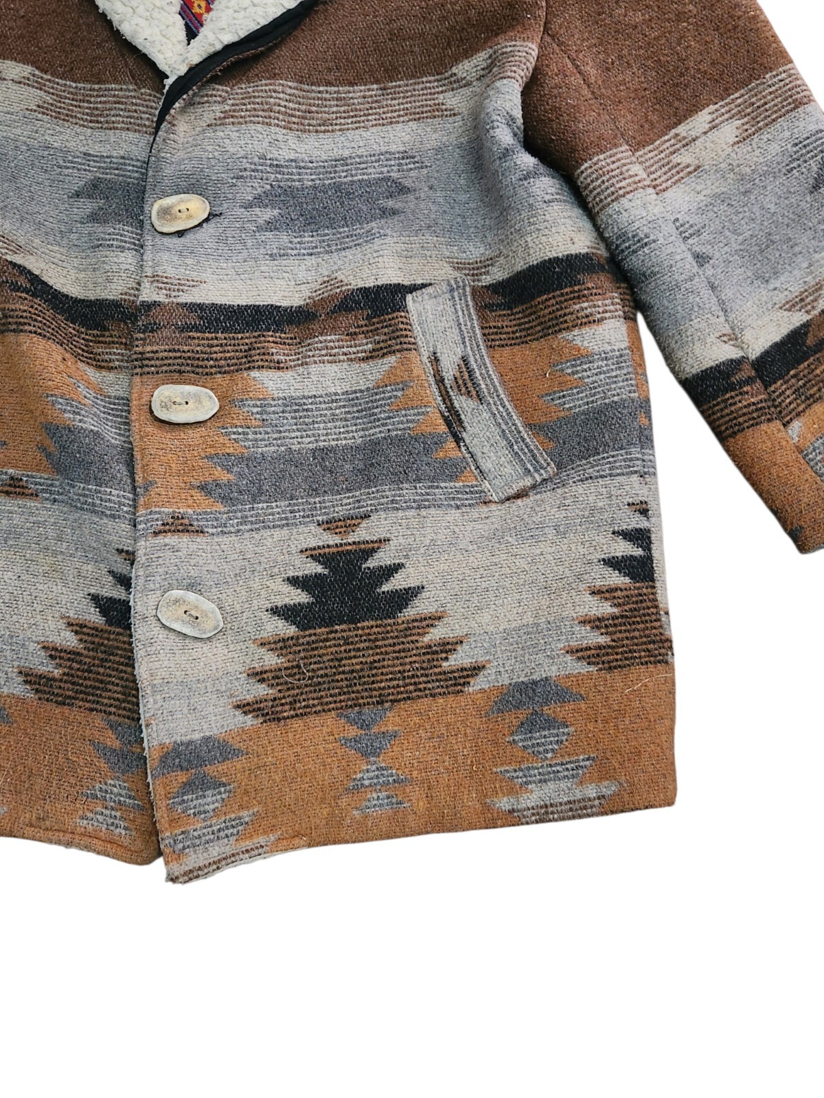 Vintage Pioneer Wear Chore Coat L XL USA Santa Fe Aztec Sherpa Lined Wood Button