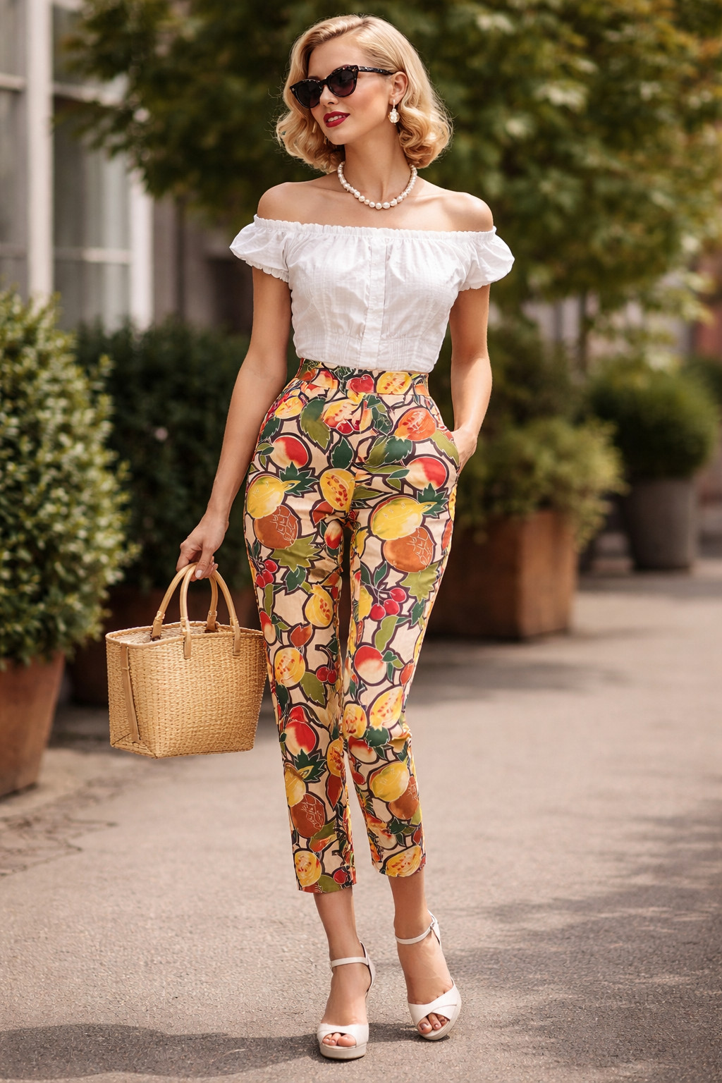 Vintage 1950s Cherry Print Cotton Pencil Pants S Fruit Pattern Crop Pant