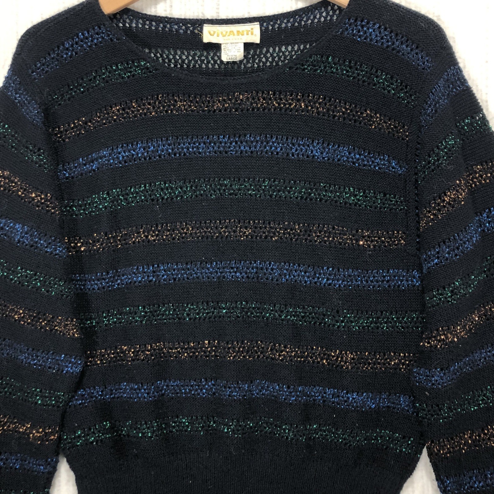 Vivanti Vintage Metallic Striped Knit Sweater Black Blue Green Copper Large