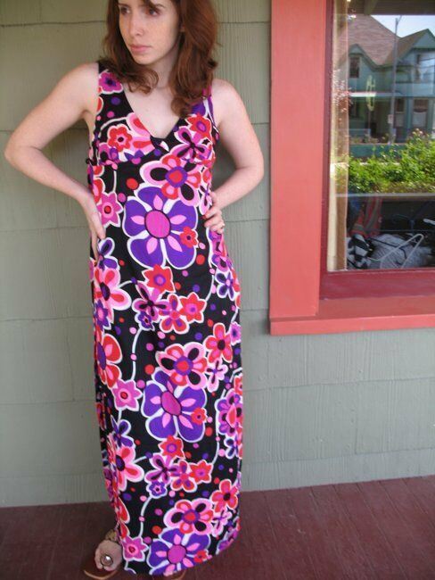 VTG 60s 70s Long Dress Slit Side Top Mod Hippie Festival Pop Floral Graphic S/M