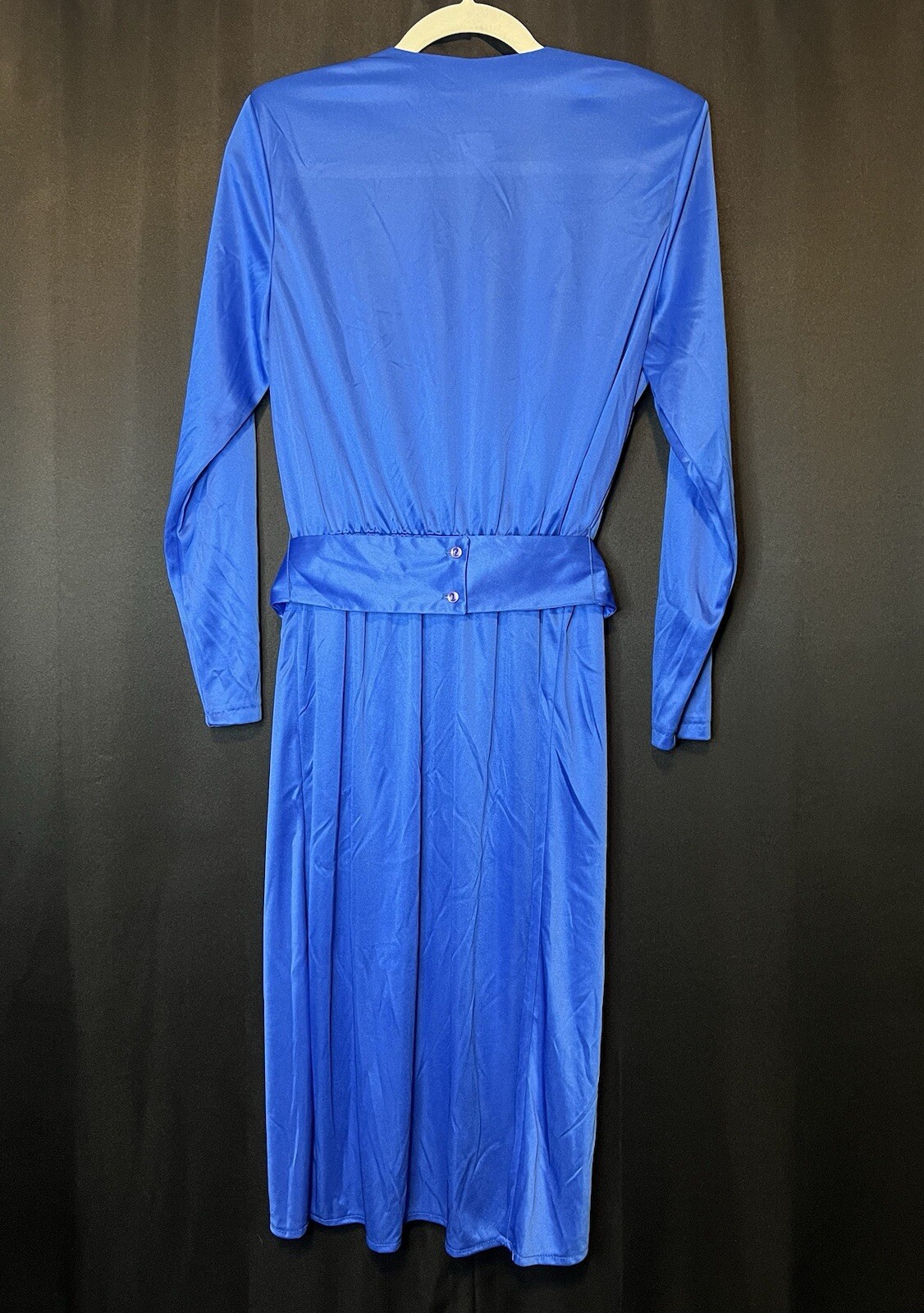 VTG Impromptu Belted Satin Chic Blue Dress Embellished Bejeweled Floral Accents