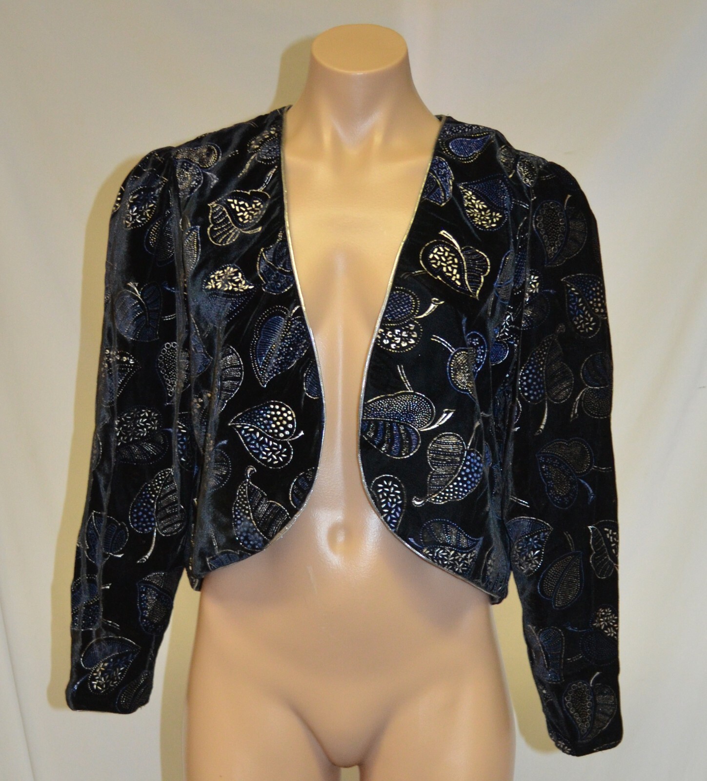Jeri Marque Vintage 80s Black Velvet Printed Party Formal Jacket sz 10