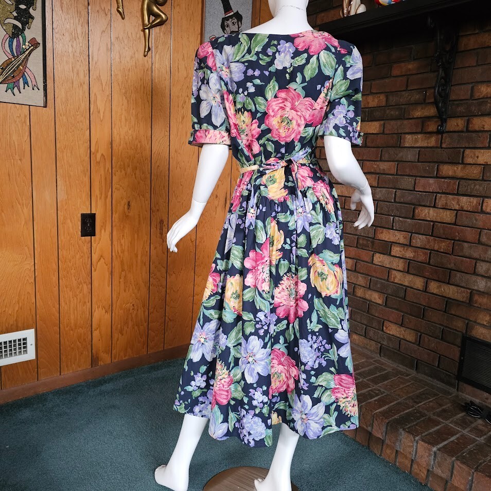 Vtg 80s Trad Wife Impressionist Floral Princess Waist Puff Sleeve Tea Dress M/L