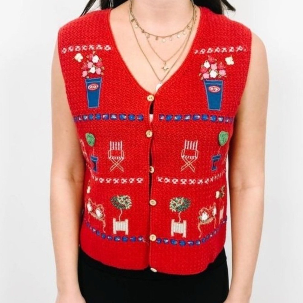Sharon Young Vintage Red Garden Embroidered Beaded Knit Sweater Vest Large
