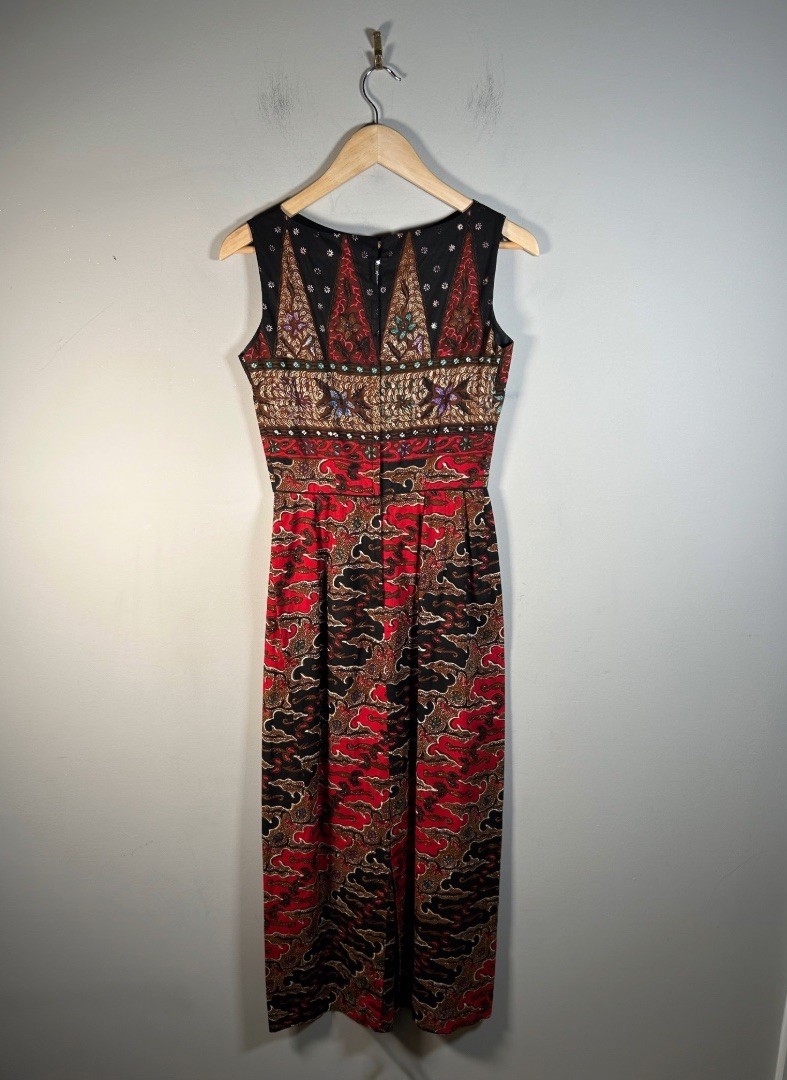 VTG 50s/60s Batik Border Print Bateau Neck Cotton Sheath Dress Womens Sz S