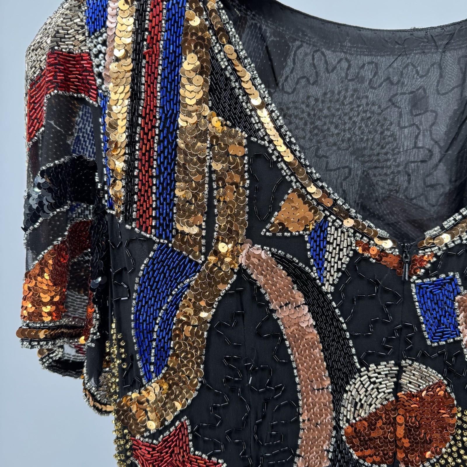 Night Line Laurence Kazar Beaded Sequin Dress 12 VTG 80’s Silk Celestial Art