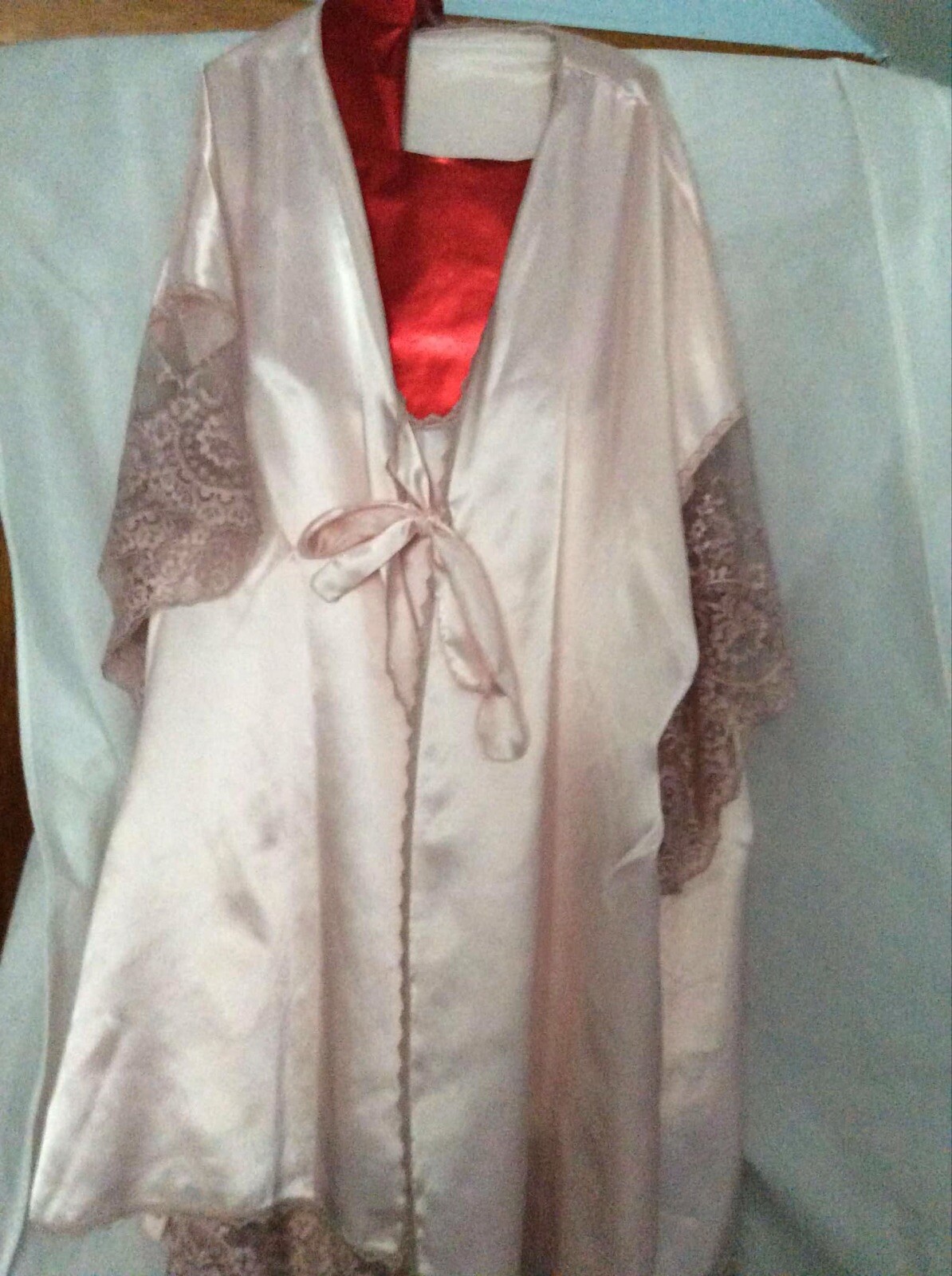 Vintage Large Lady Cameo Chemise Nighty Slip Dress Silky Pink Wide Lace OS Robe