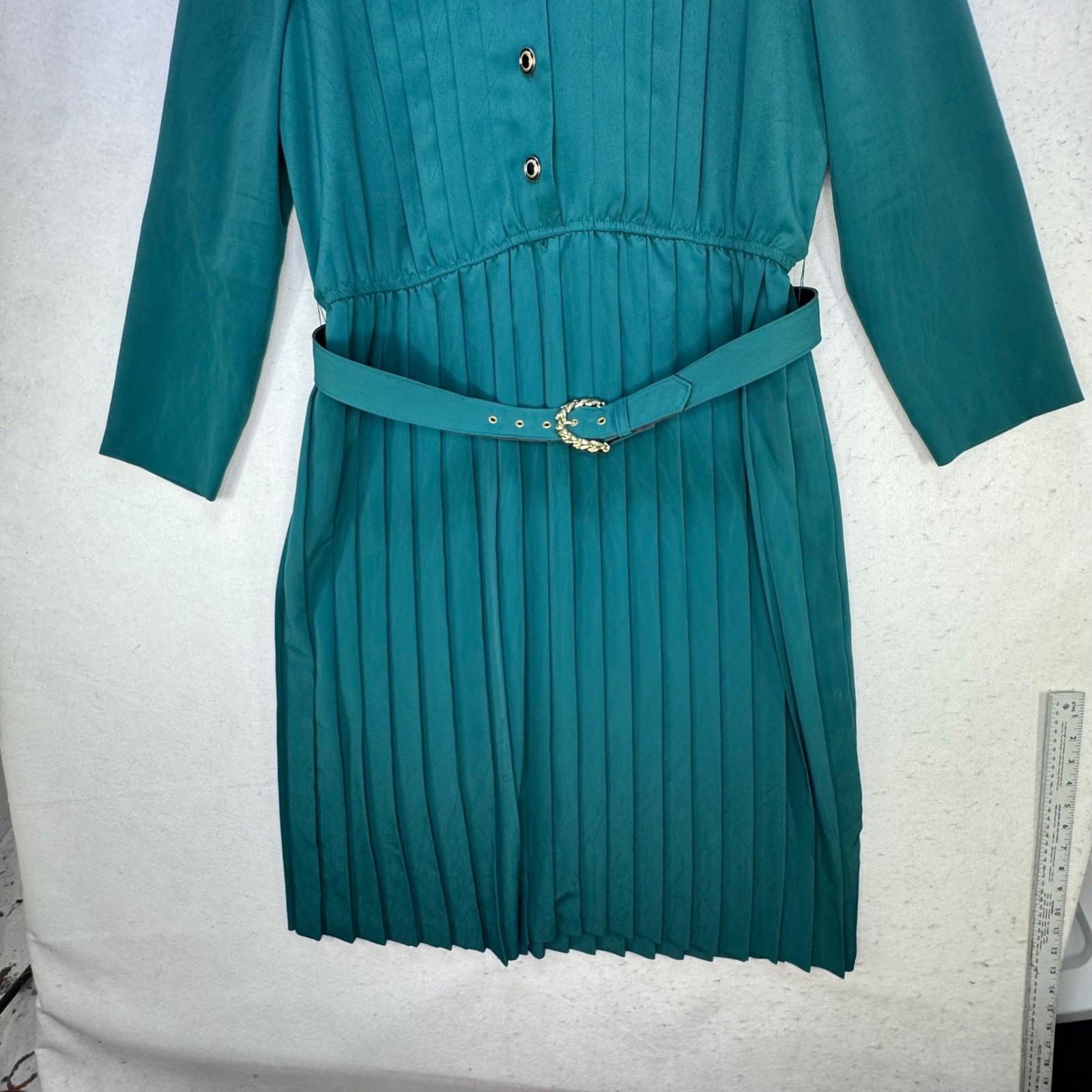 Leslie Fay Dress Womens 18 Teal Pleated Skirt Belted Vintage 80s Secretary Midi