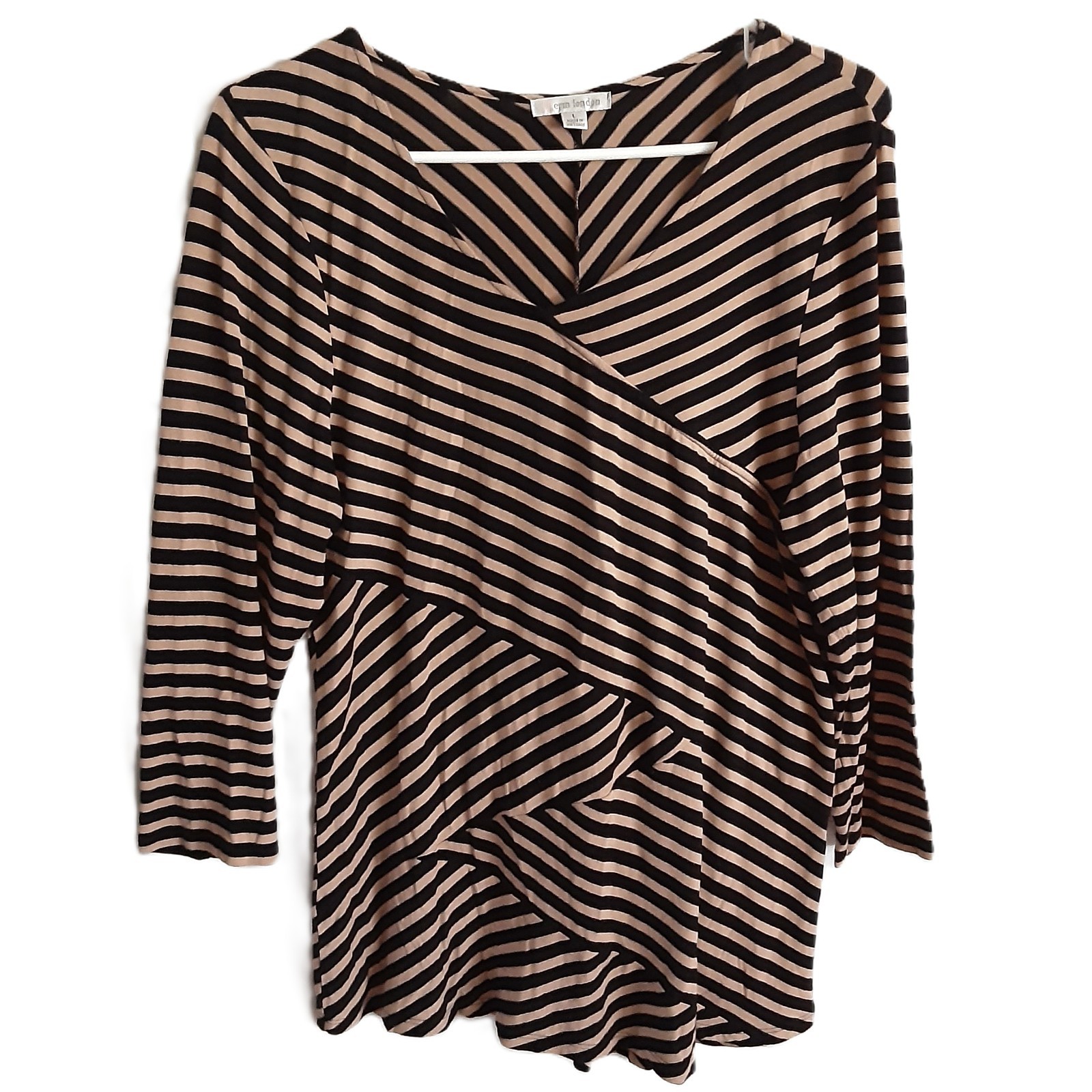 VTG 80’s Erin London Blouse Size LARGE Striped V-Neck 3/4 Sleeve Viscose