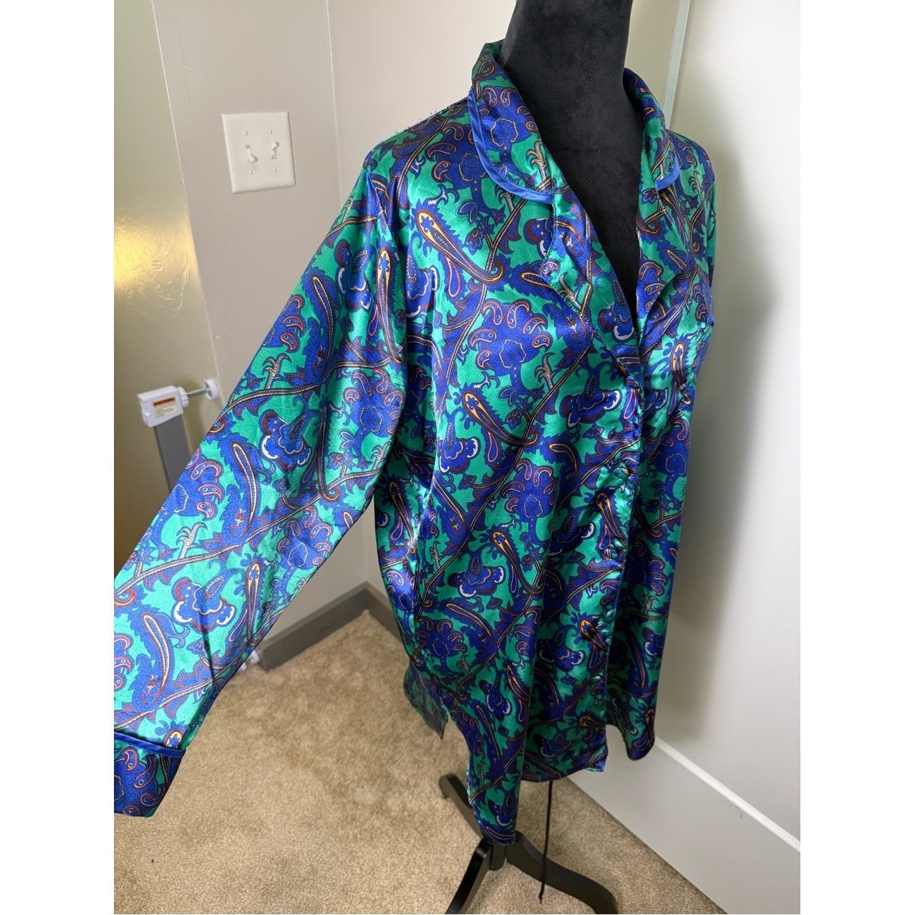 Vintage Kathryn Blue Green Jewel Tone Button Front Night Gown Paisley Short L