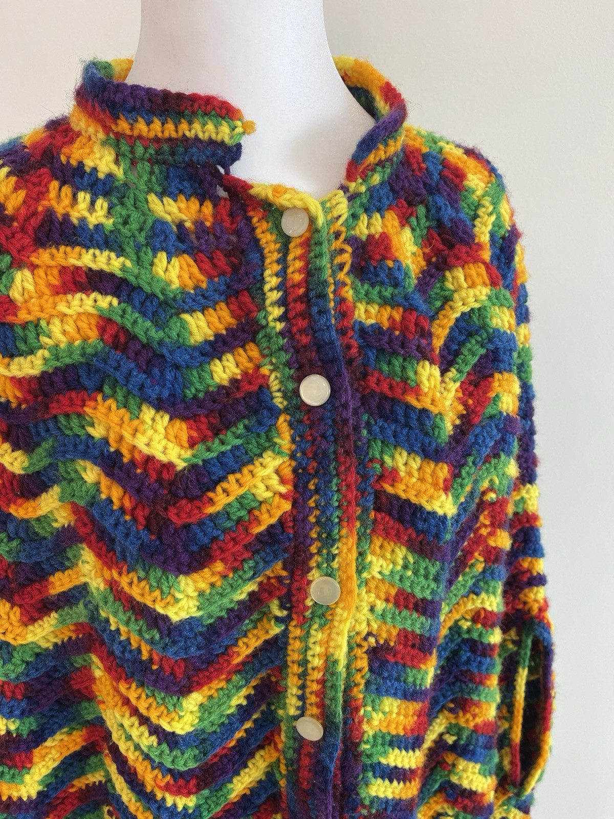 Vintage Handmade Crochet Poncho BOHO Fringe Button Up Festival Hippie OS Color