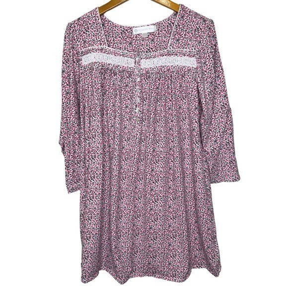 Vintage Eileen West Pink Floral Flannel Nightgown Medium