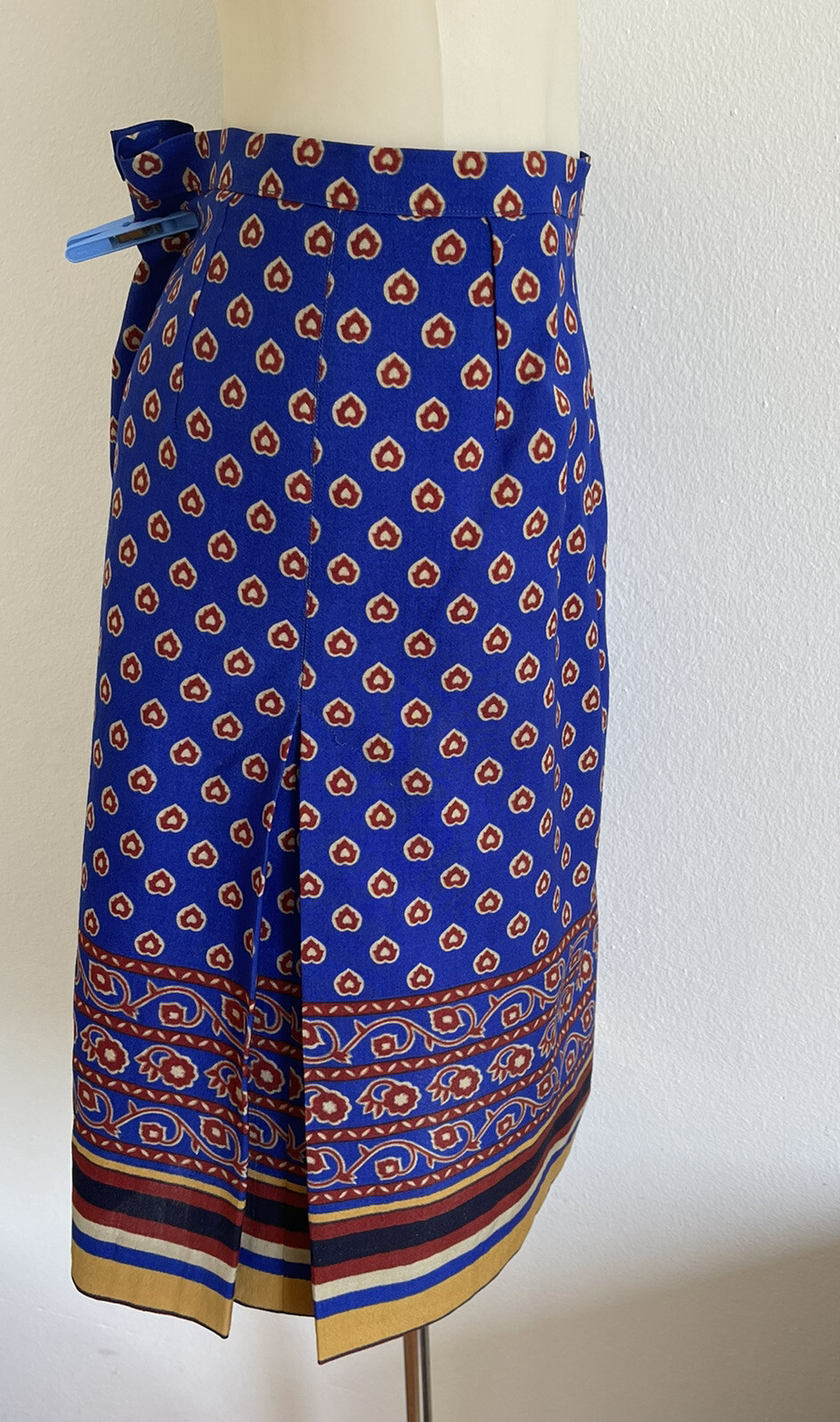 GUY LAROCHE 1980s Vintage Wool Skirt Cobalt Blue Block Print Handmade Size FR42