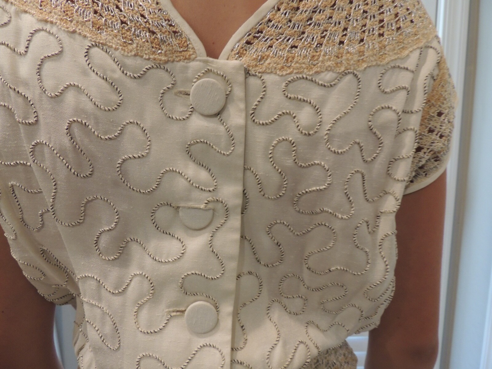 Vintage Paul Sachs Original Dress cream & gold accent fitted button back