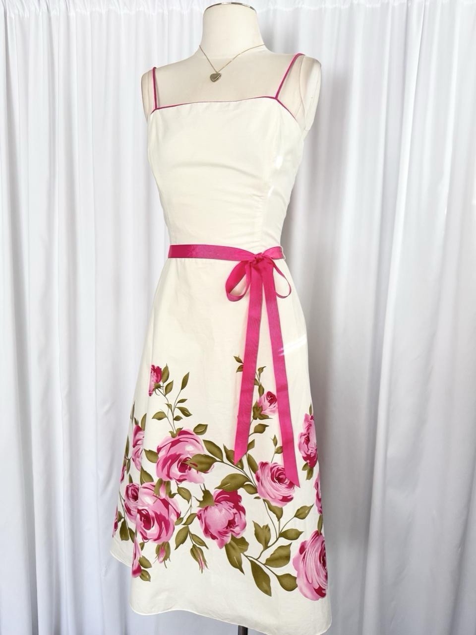Vintage Y2K White Pink Rose Fairy Bow Slip Midi Dress Gown A Line Size Medium 10