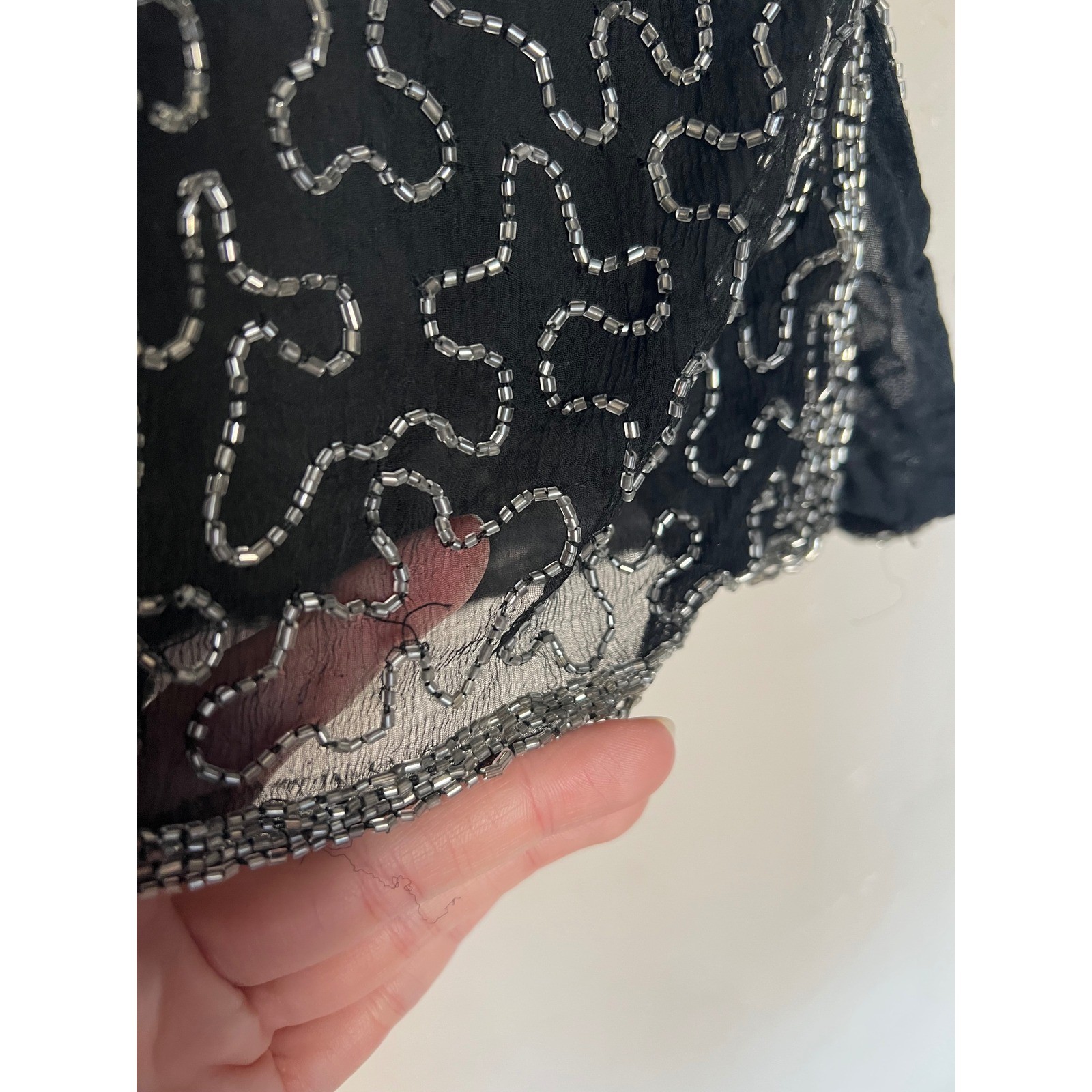 Carina Vintage Pure Silk Beaded Sequin Top Black Gold Silver Flapper Gatsby L