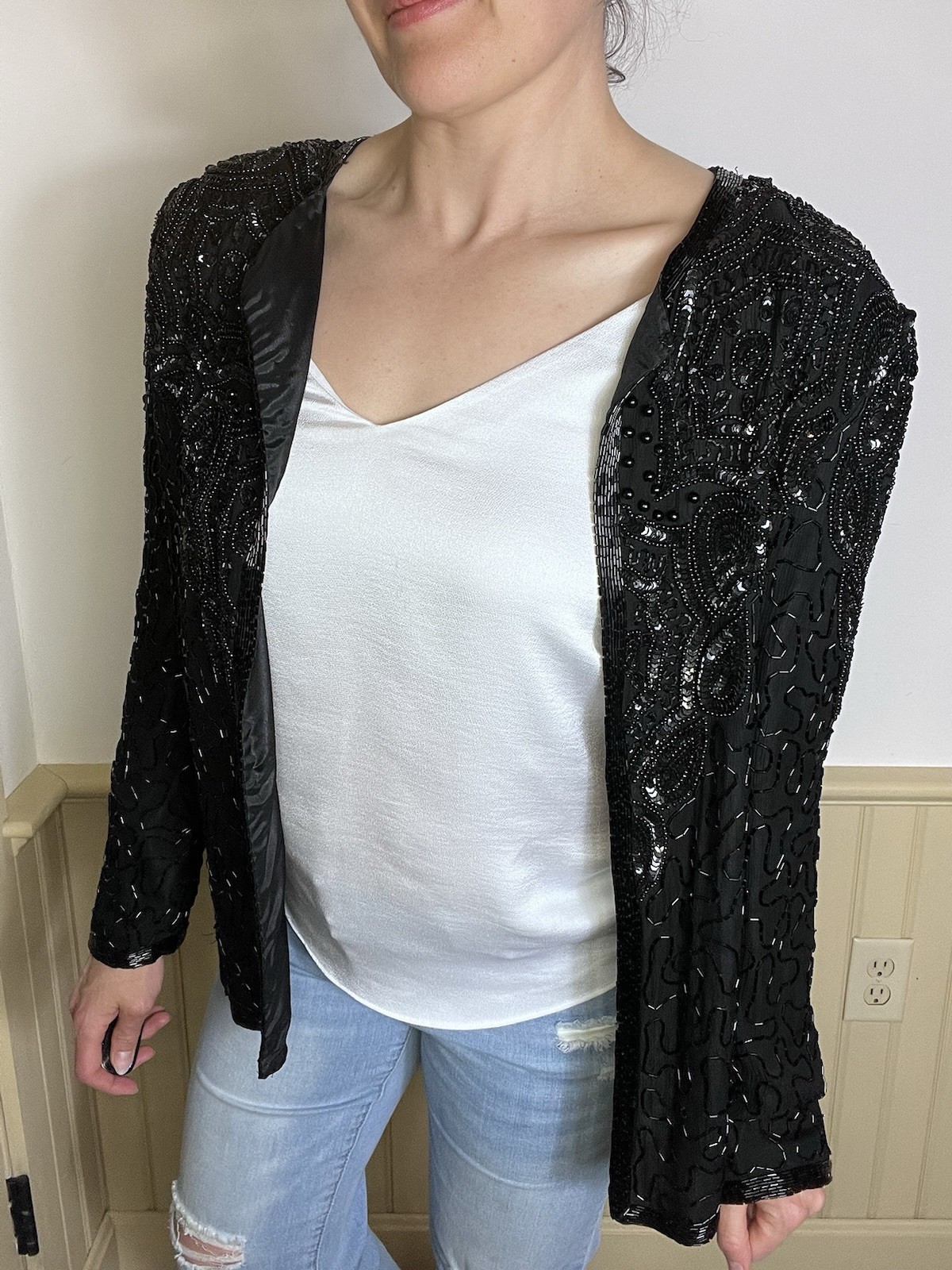 Vintage Adrianna Papell Evening L Black Silk Beaded Jacket Sequins Wedding Party