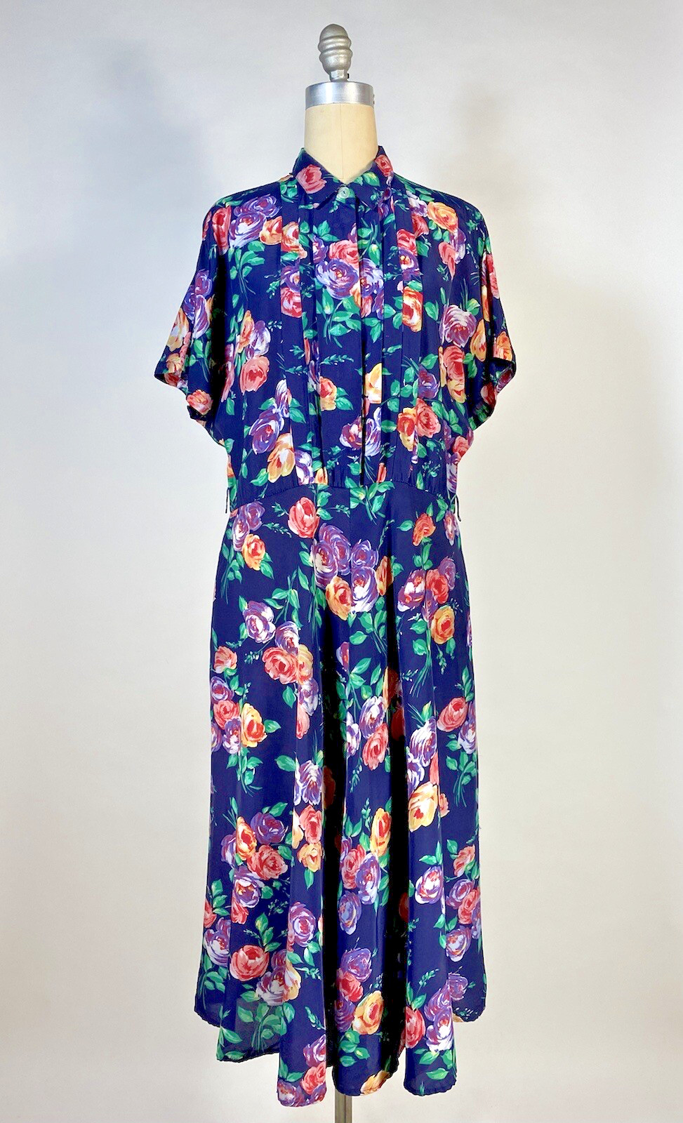 Vintage 1980’s-1990’s Victorian inspired cabbage ROSE print rayon dress sz. L/XL
