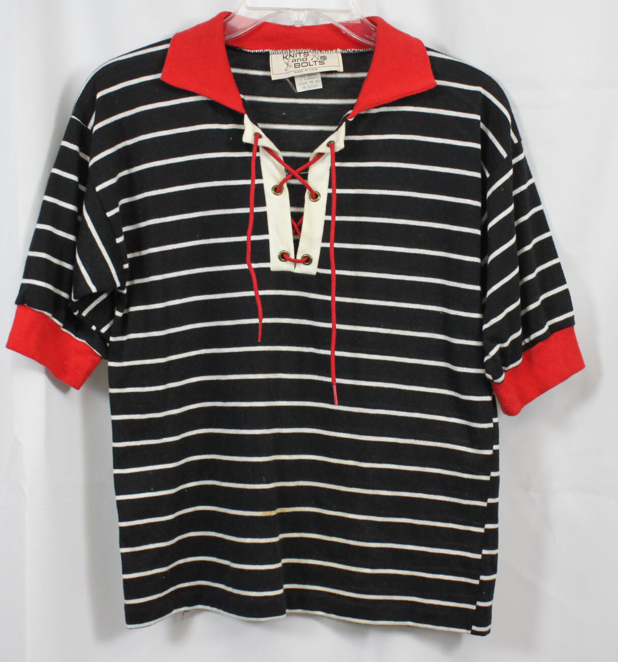 Vtg Knits and Bolts Polo Shirt Top Tie Neck Grommets Stripes 70s 80s Retro Mod M