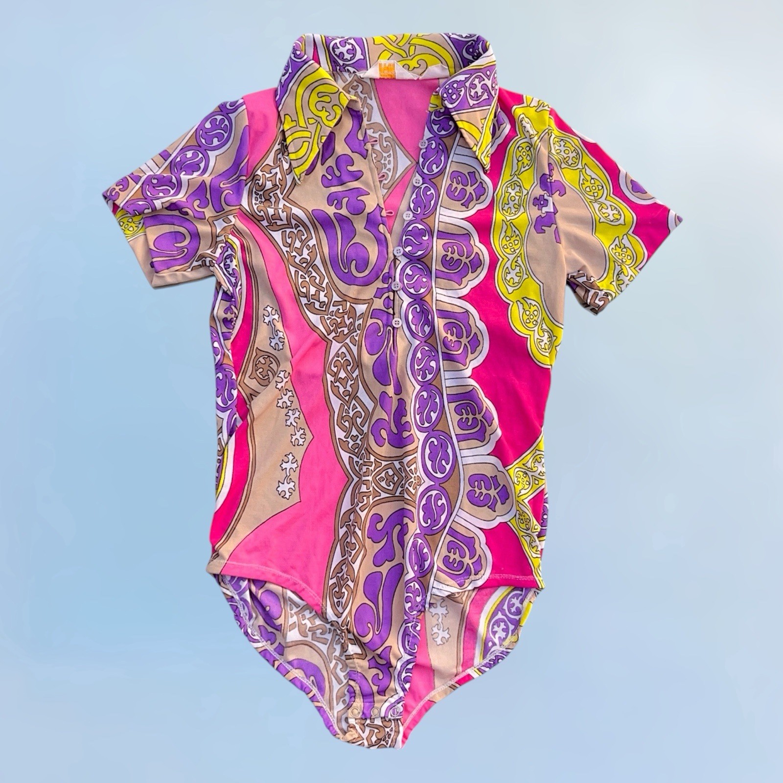 1960s/1970s Psychedelic Style Printed Vibrant Women’s Bodysuit L