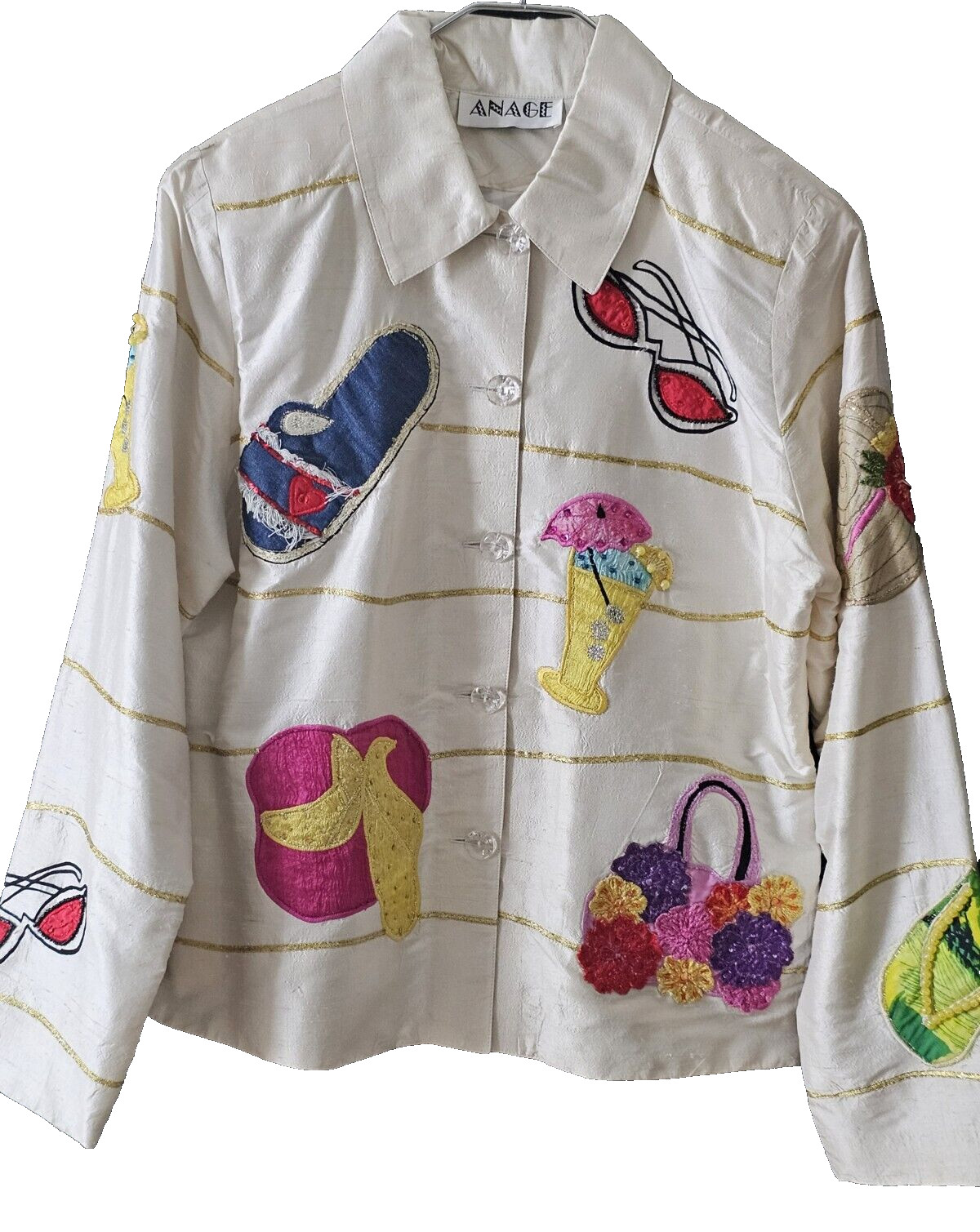 Anage Vintage Women’s Silk Cream Colorful Fun Summer Theme Top/Jacket Size Small