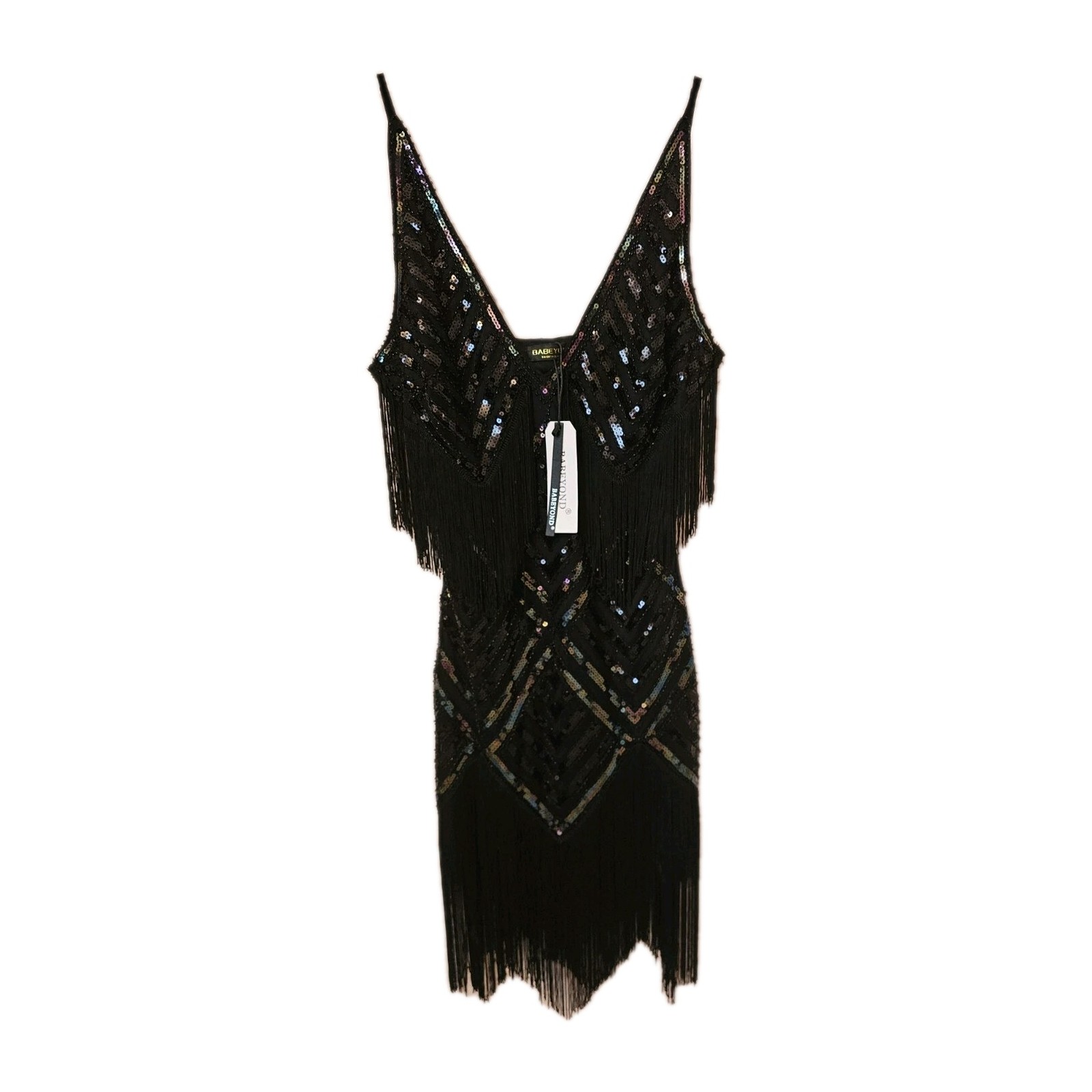 Babeyond 1920’s Style Black Sequined Fringed Flapper Cocktail Dress Sz M