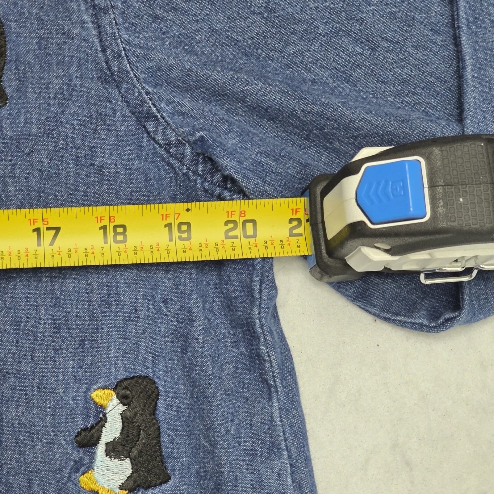 Tagwear Worldwide Vintage Blue Denim Penguin Embroidered Button Down Shirt Med
