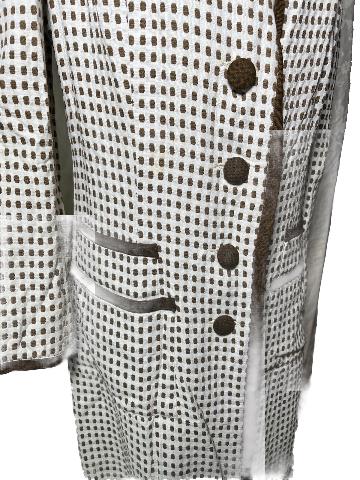 Vtg Coat Jacket White 60s Designer Montaldos Lightweight Brown Polka Dot S M