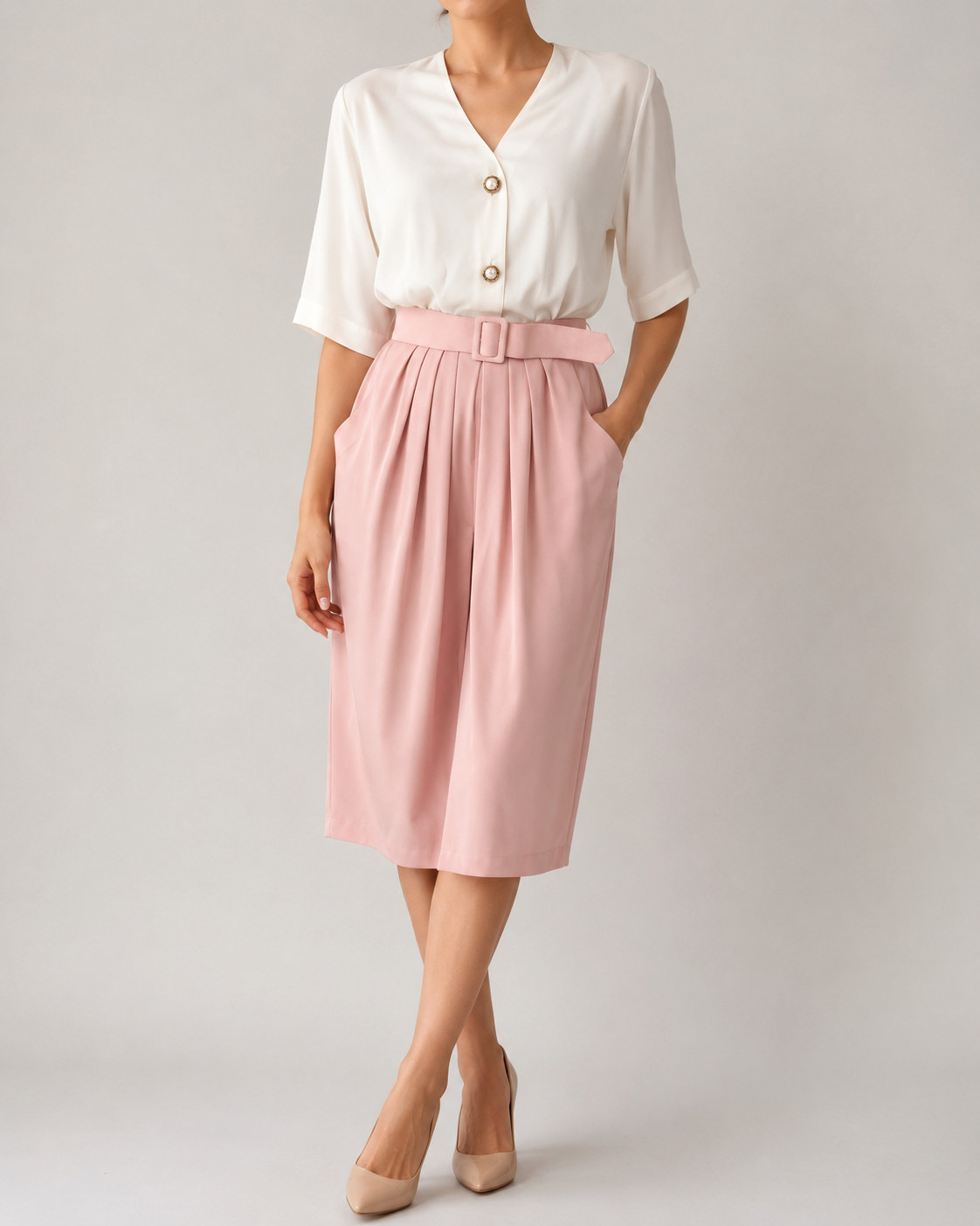Vintage MS Chaus Dress 12 Pink White Belted Secretary Midi Pearl Pockets