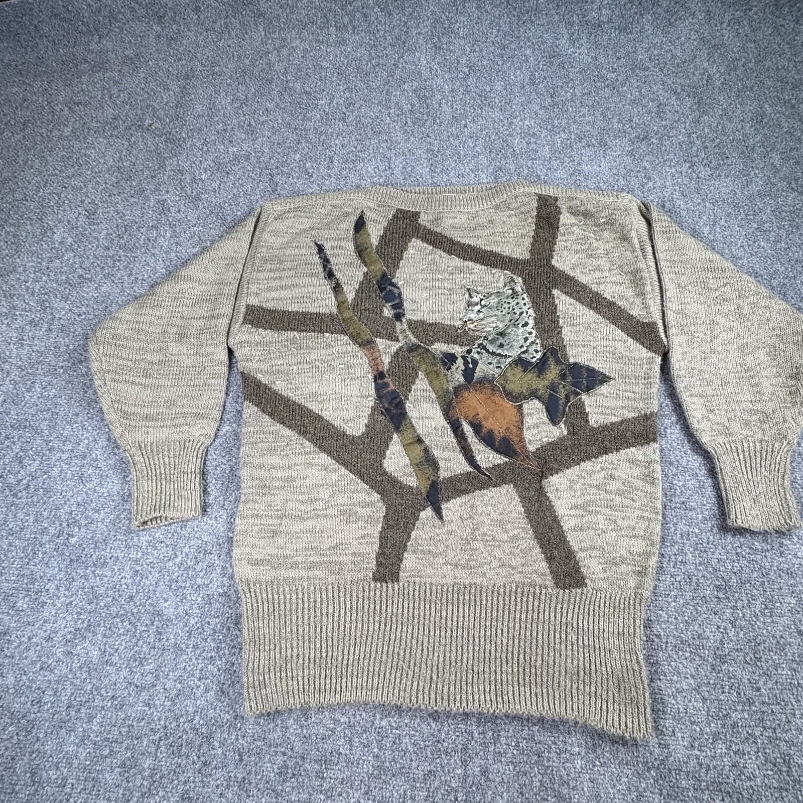 VTG 80s 90s Exotic Leopard Sweater Womens L Applique Novelty Whimsigoth Jungle