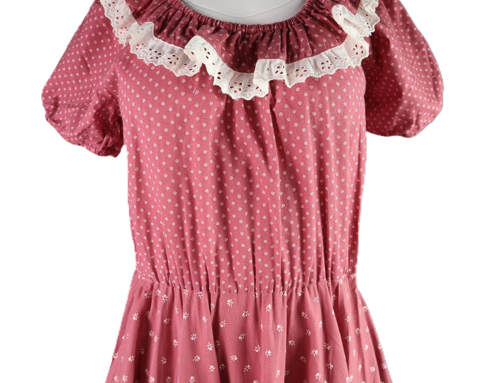 VTG 60s 70s US 2 4 6 8 S M Square Dance Prairie Ditzy Print Lace Midi Dress Pink